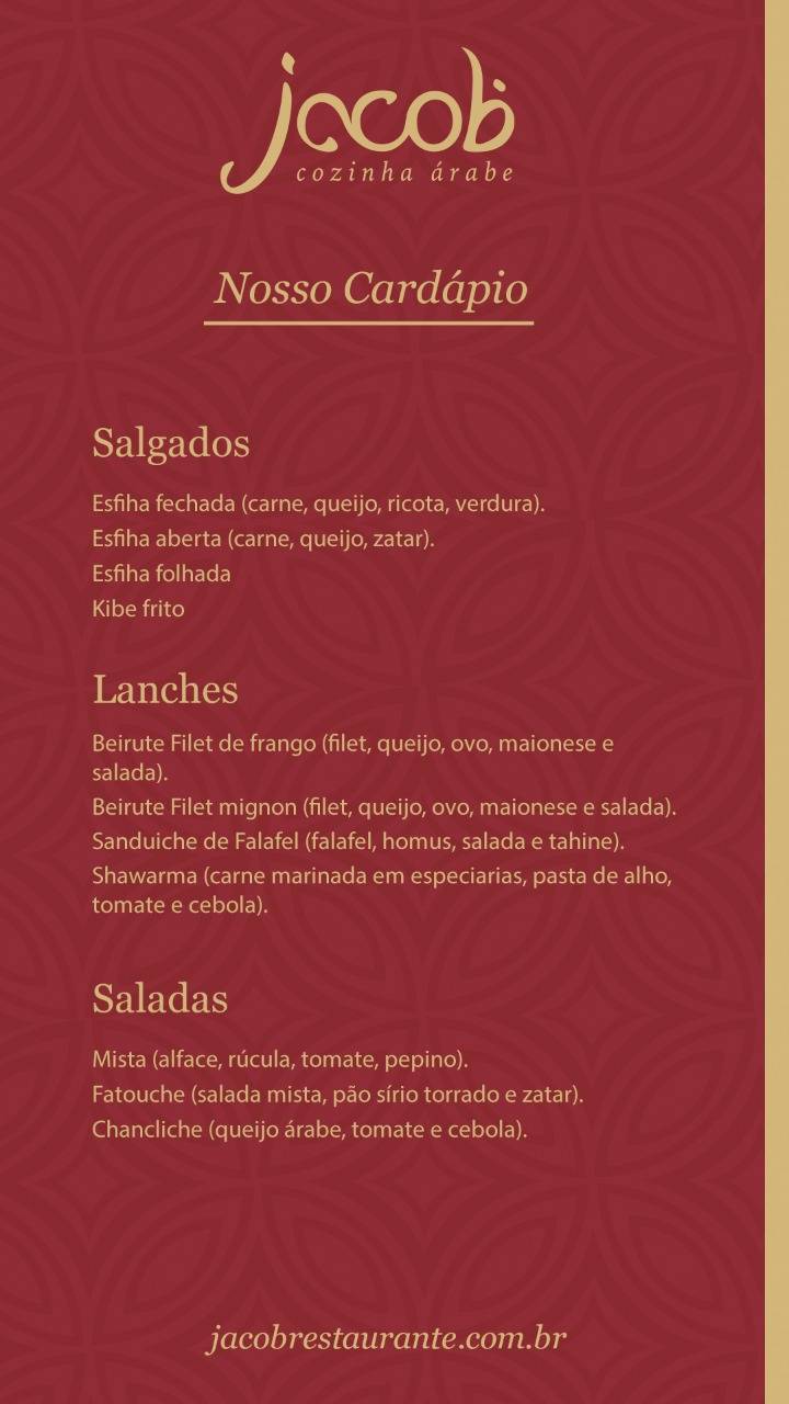 Jacob Cozinha Árabe cardápio