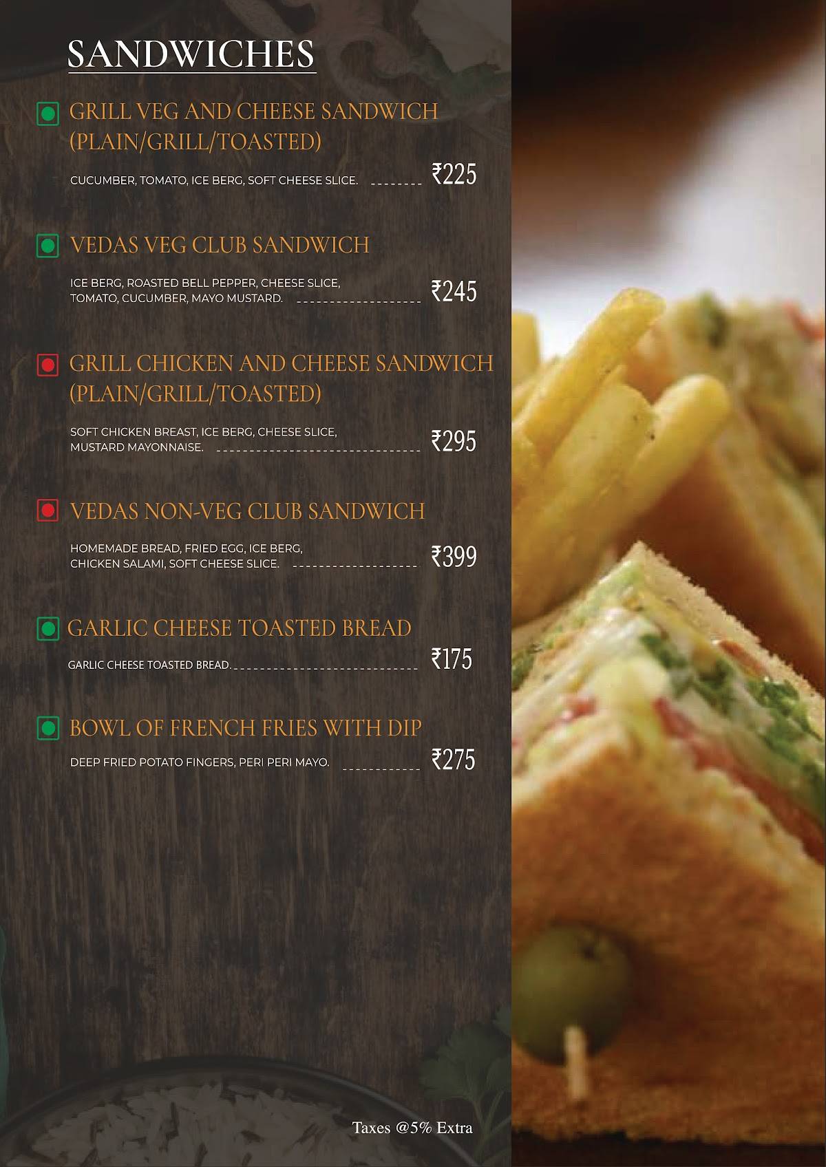 Vedas Earth Bistro menu