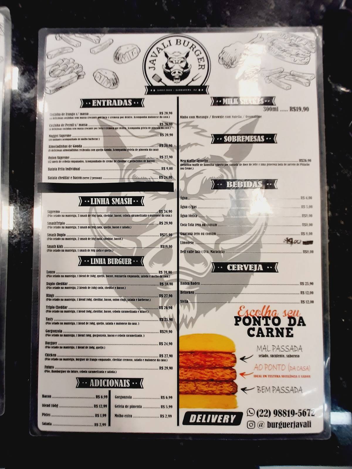 Javali Burger cardápio