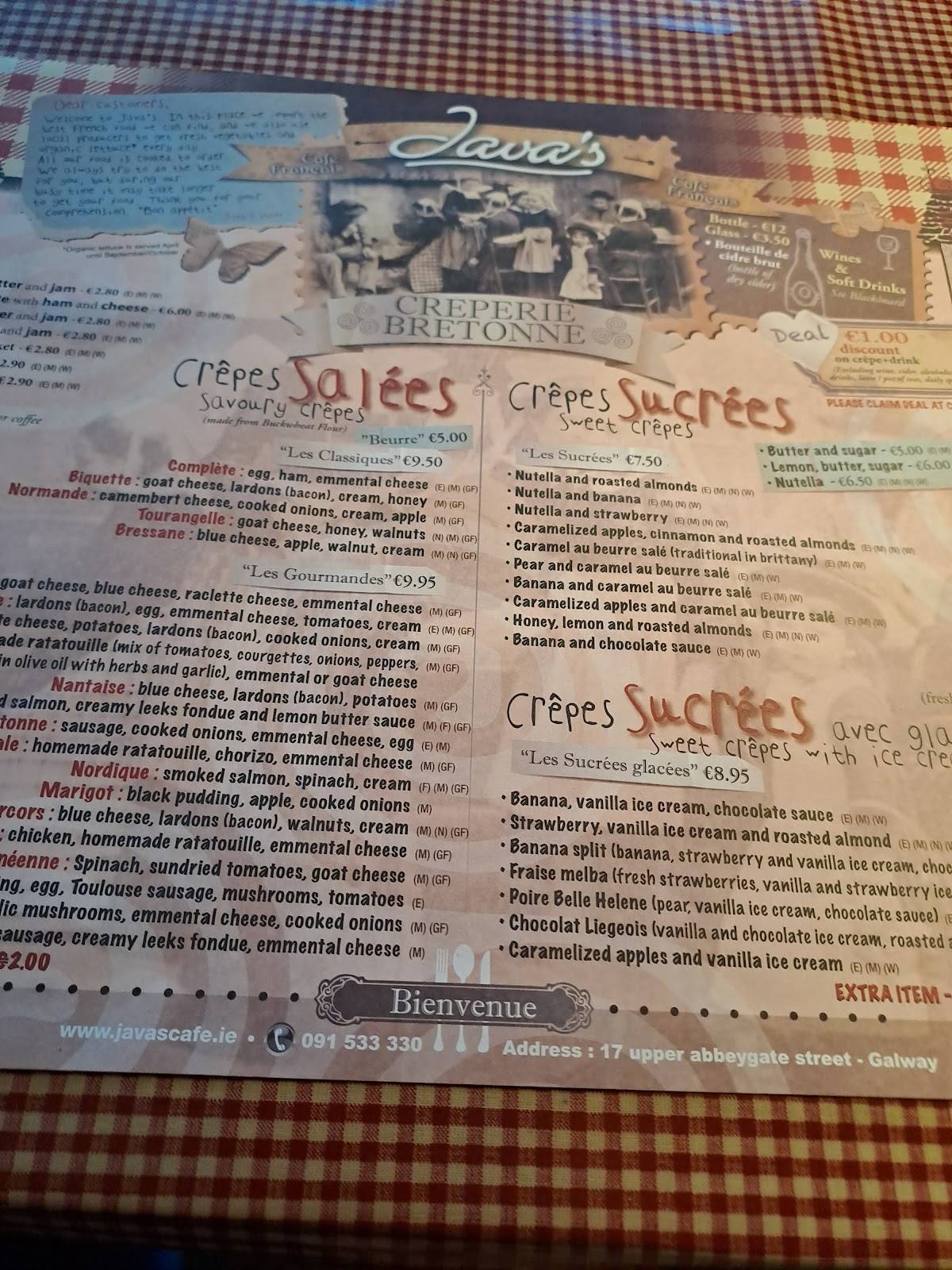 Menu at Java's Cafe, Galway