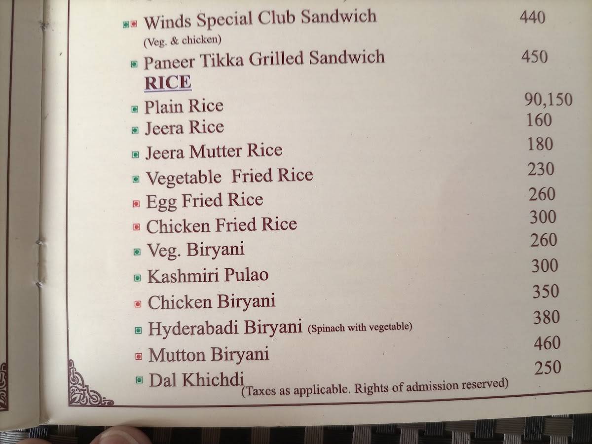 Winds Restaurant menu
