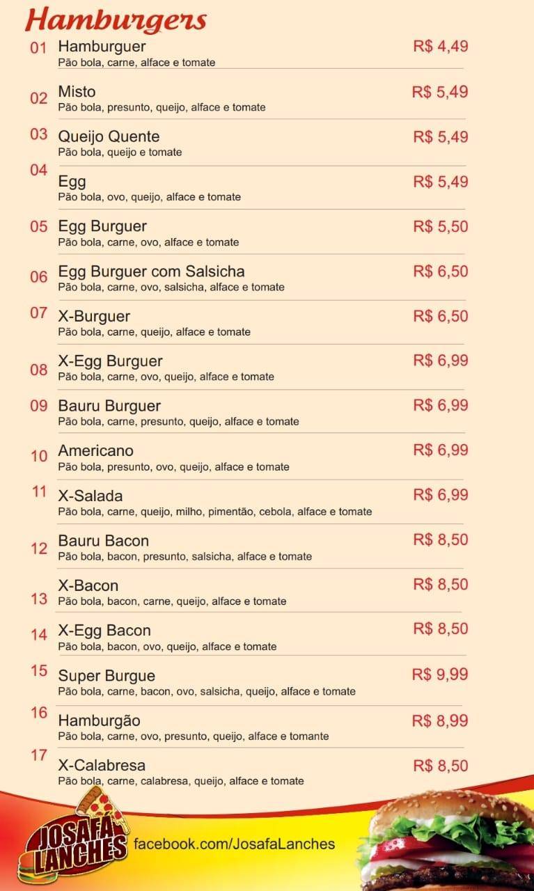 Josafá lanches cardápio