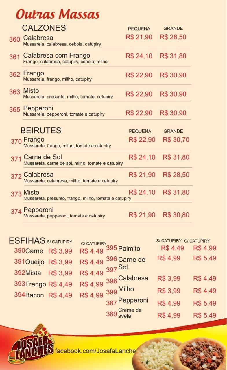 Josafá lanches cardápio