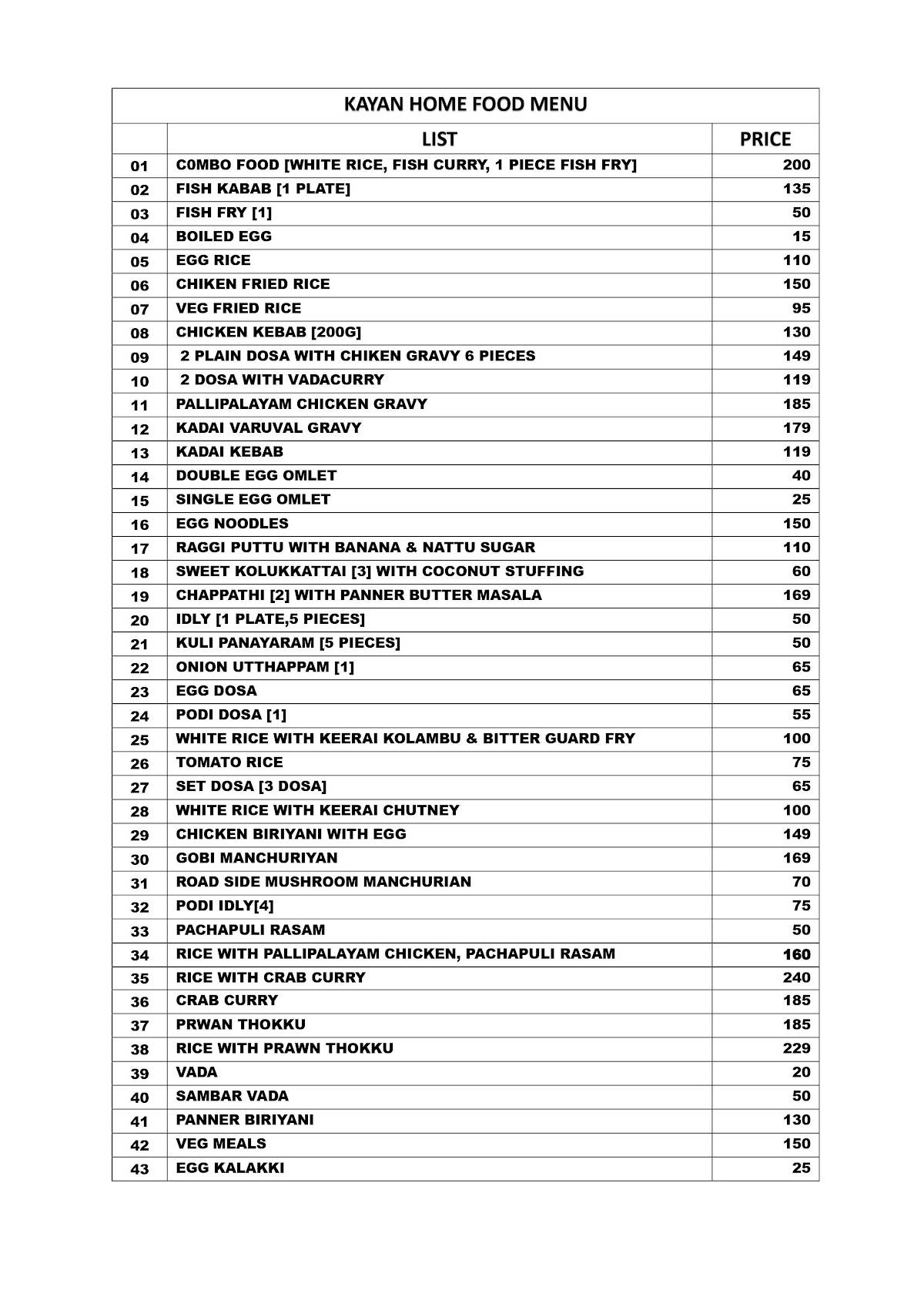 KAYAN HOME FOOD menu