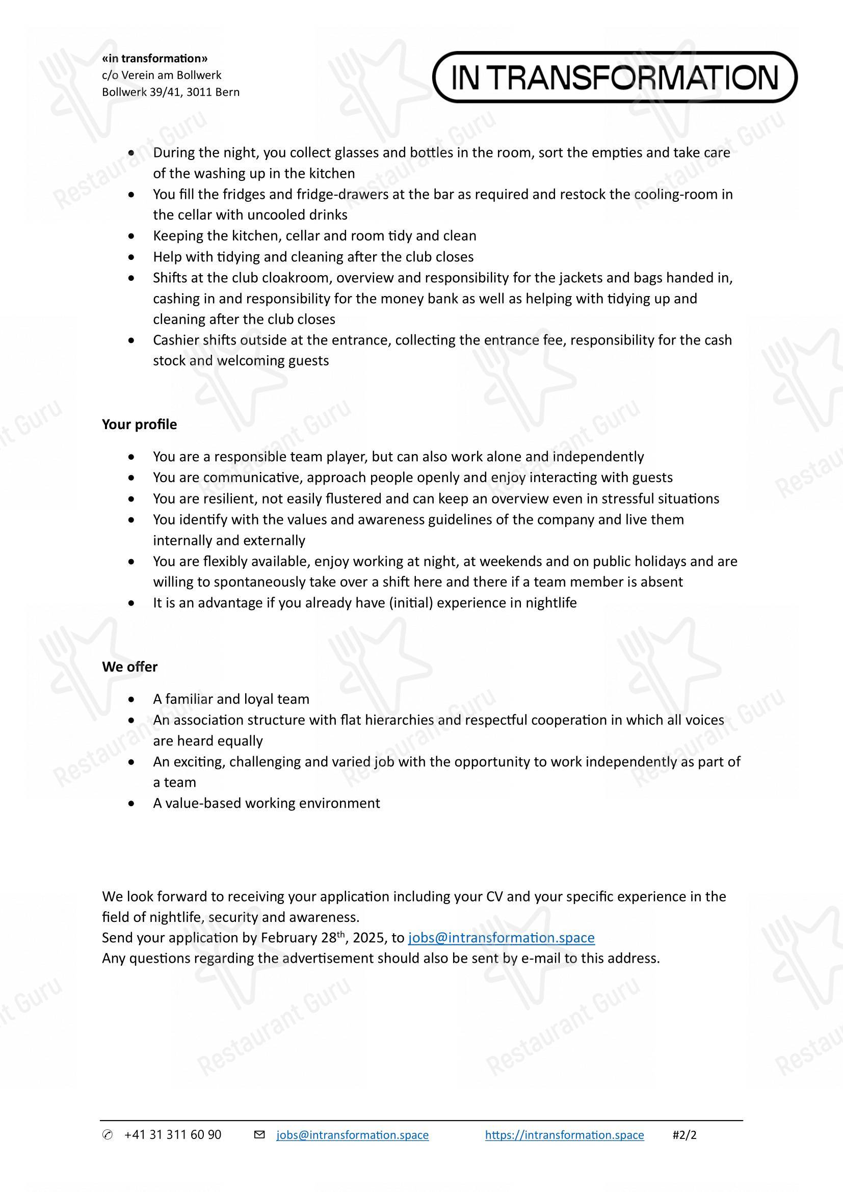 Menu bar per Kapitel Bollwerk Clubkultur & Gastronomie in Berna