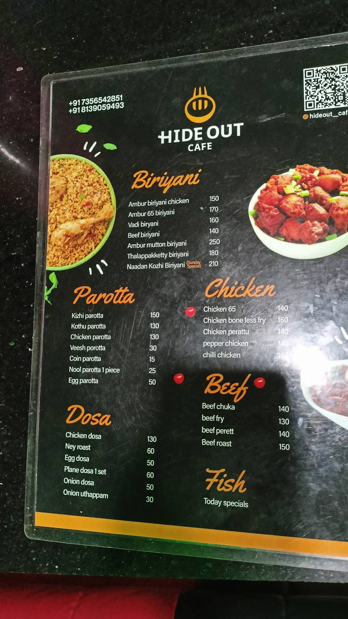 Hide Out Cafe menu