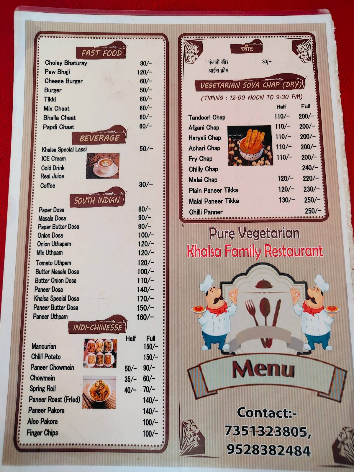 Khalsa family restaurant (pure veg) menu