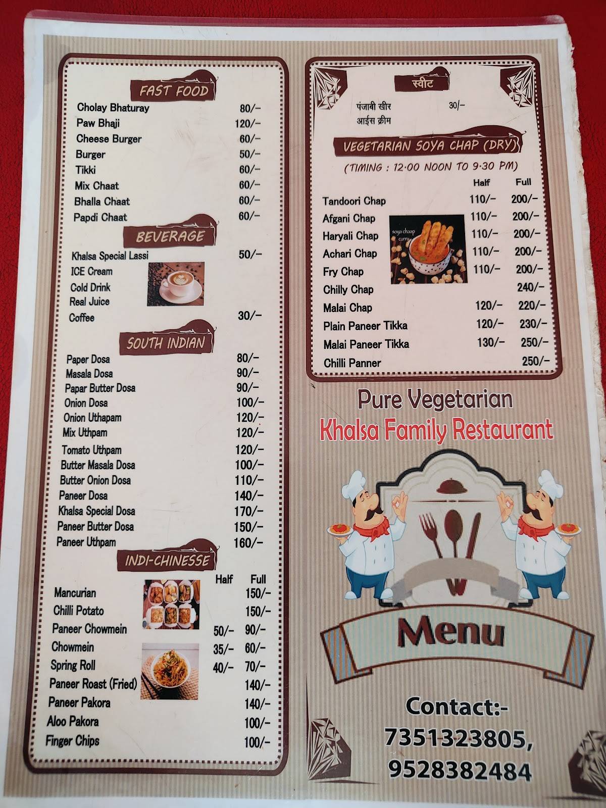 Khalsa family restaurant (pure veg) menu