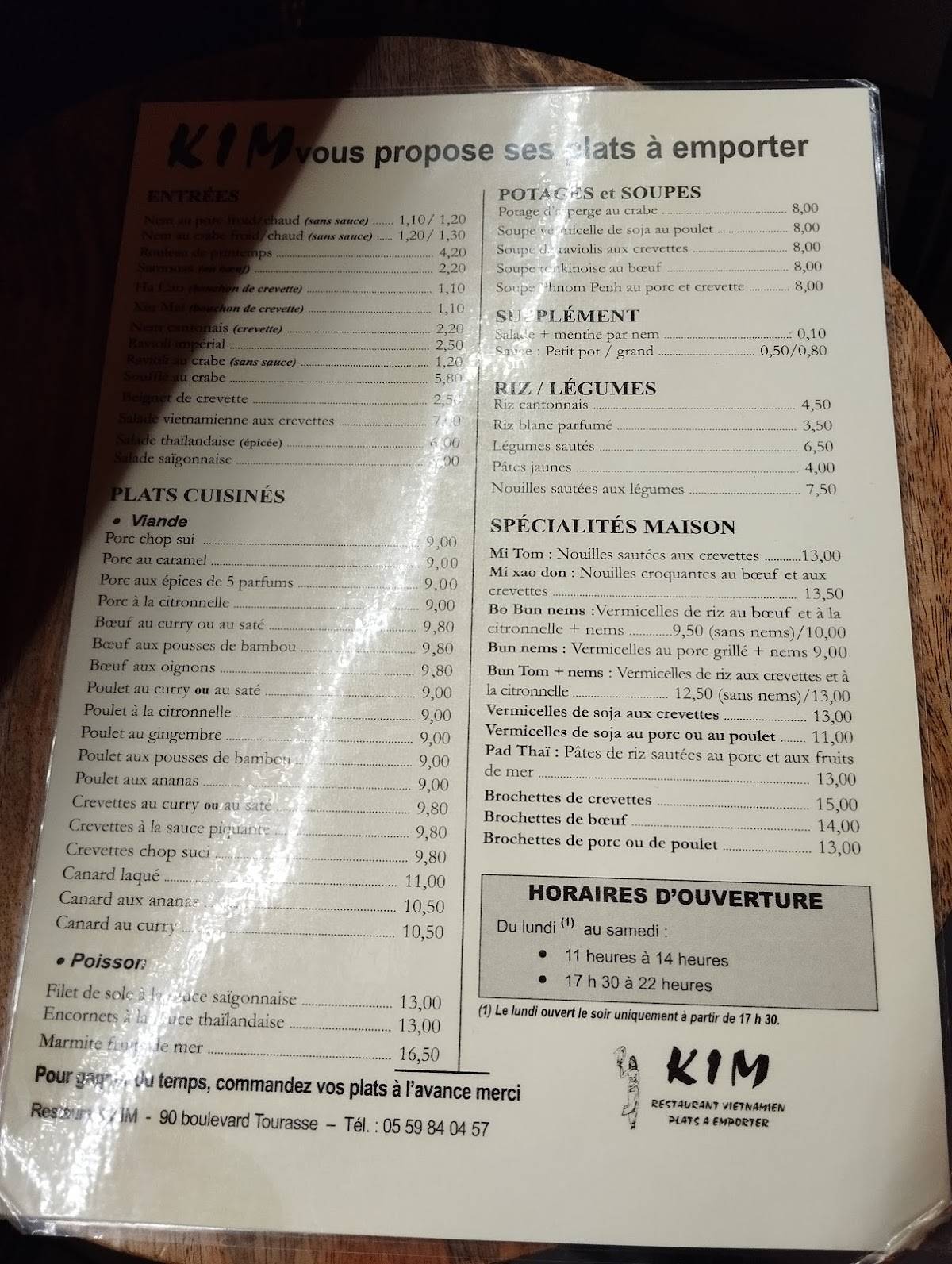 Menu de Restaurant Kim Pau