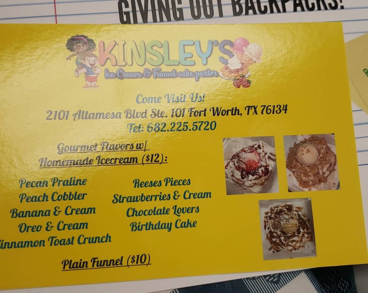 Menu at Kinsley's Kones Ice Cream and Funnel Cake Parlor desserts, Fort