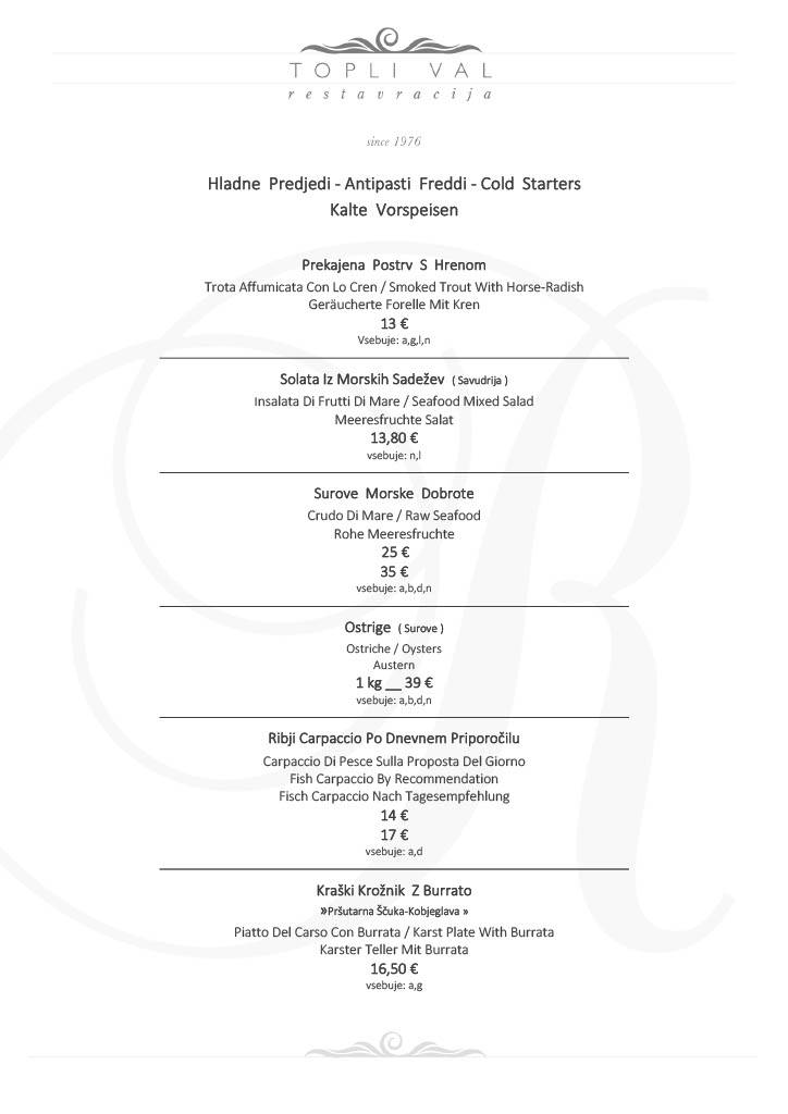 Menu di Hotel Hvala 