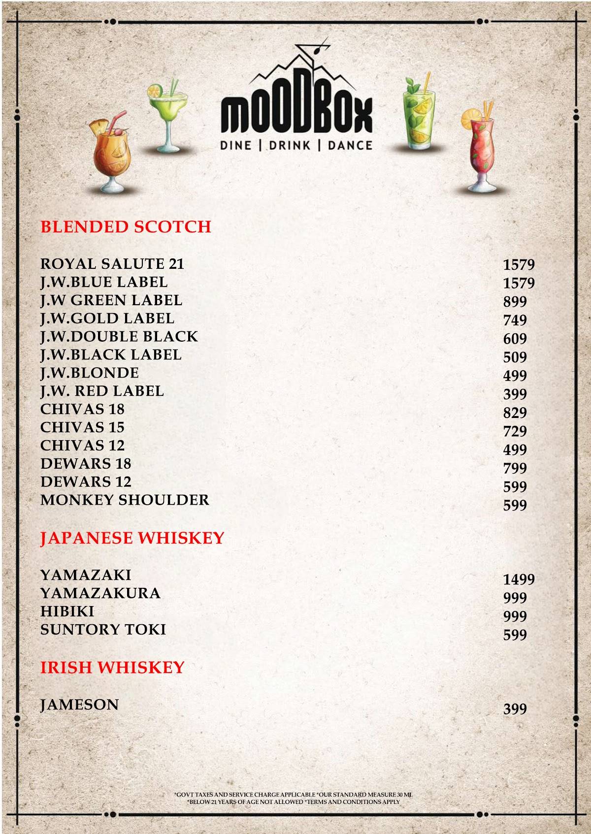 Mood Box Best Pub & Nightclub in Newtown Corporate Party Venue in Newtown menu