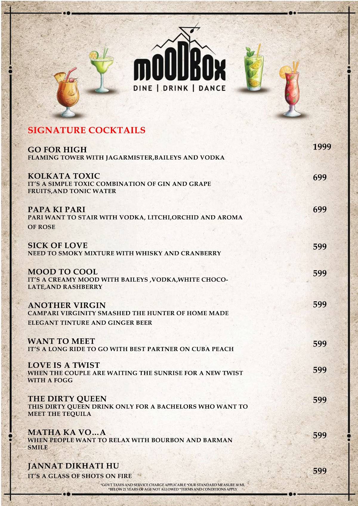 Mood Box Best Pub & Nightclub in Newtown Corporate Party Venue in Newtown menu