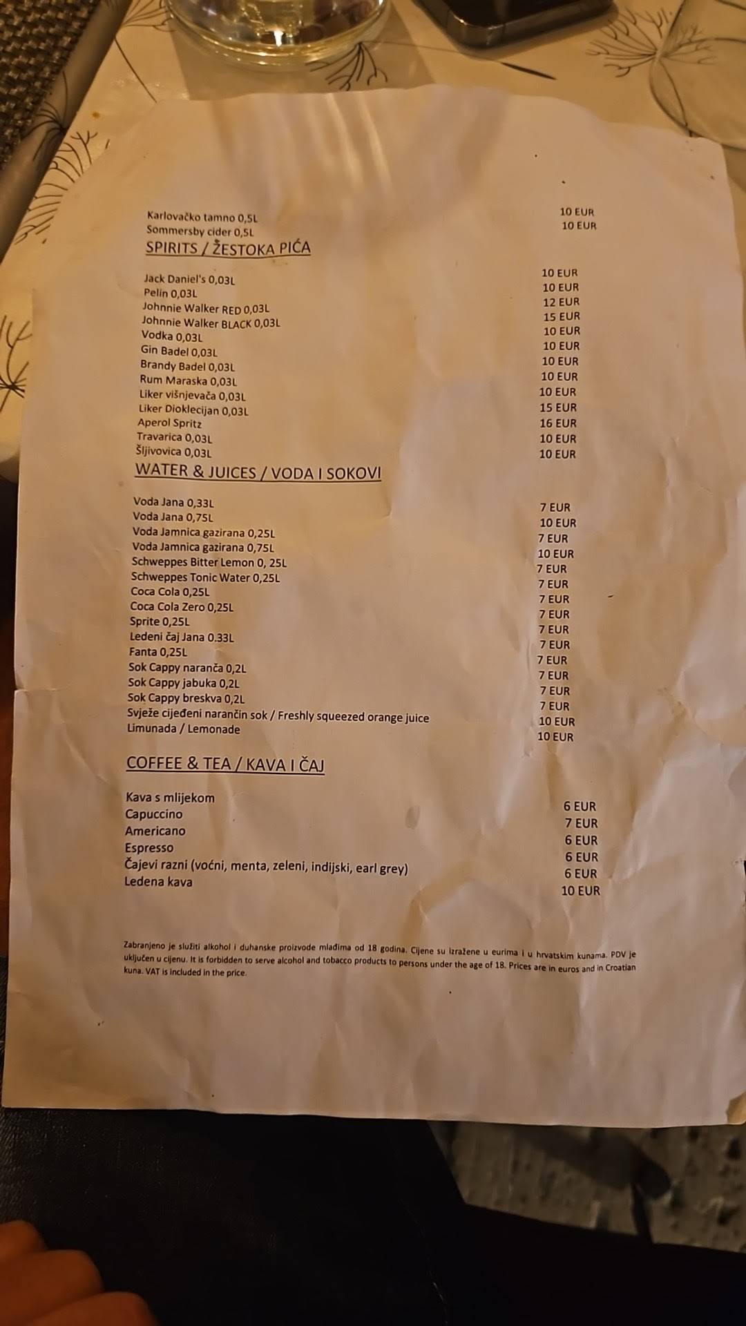 Menu di LAJK restaurant Dubrovnik 