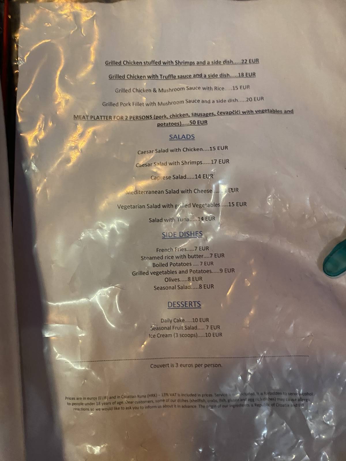 Menu di LAJK restaurant Dubrovnik 