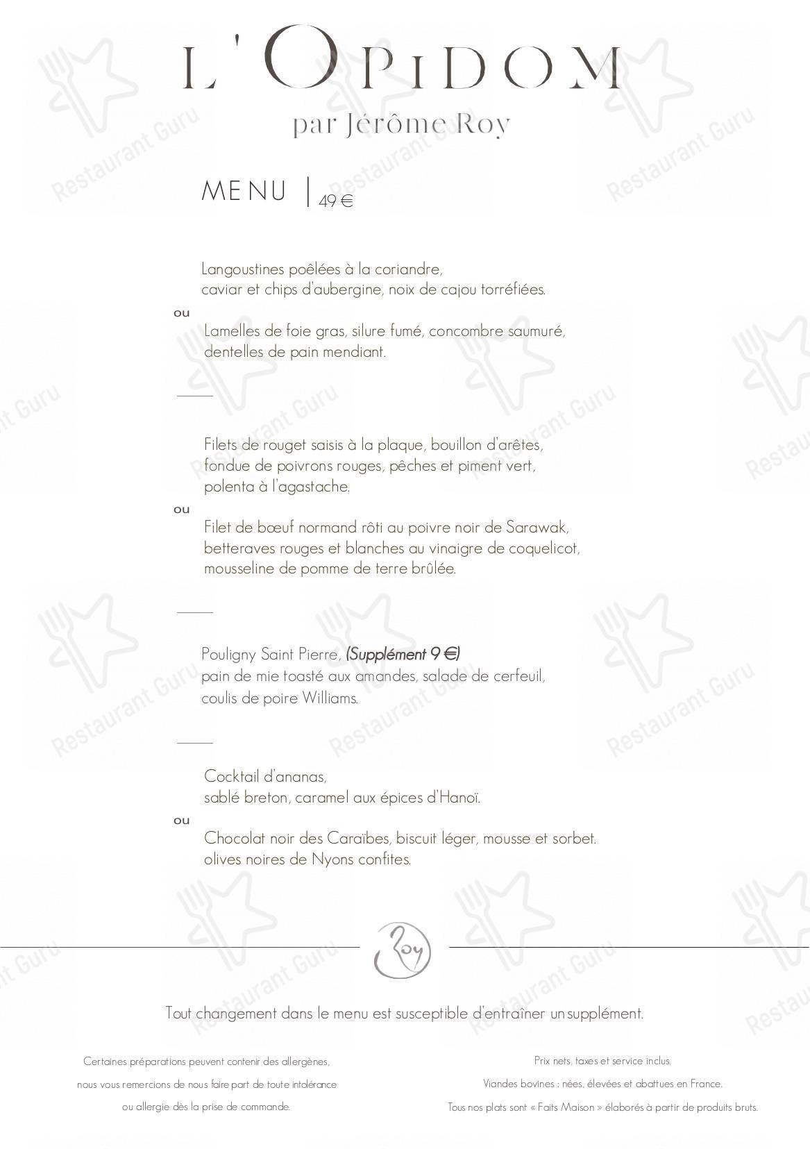 Dinner Menu pour L'Opidom restaurant