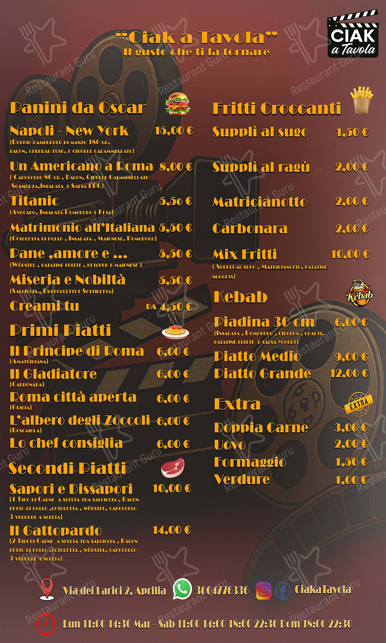 Menu per Ciak a Tavola