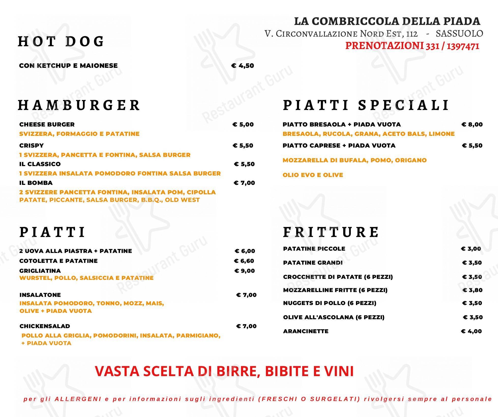 Menu da La Combriccola della Piada ristorante, Sassuolo, Via