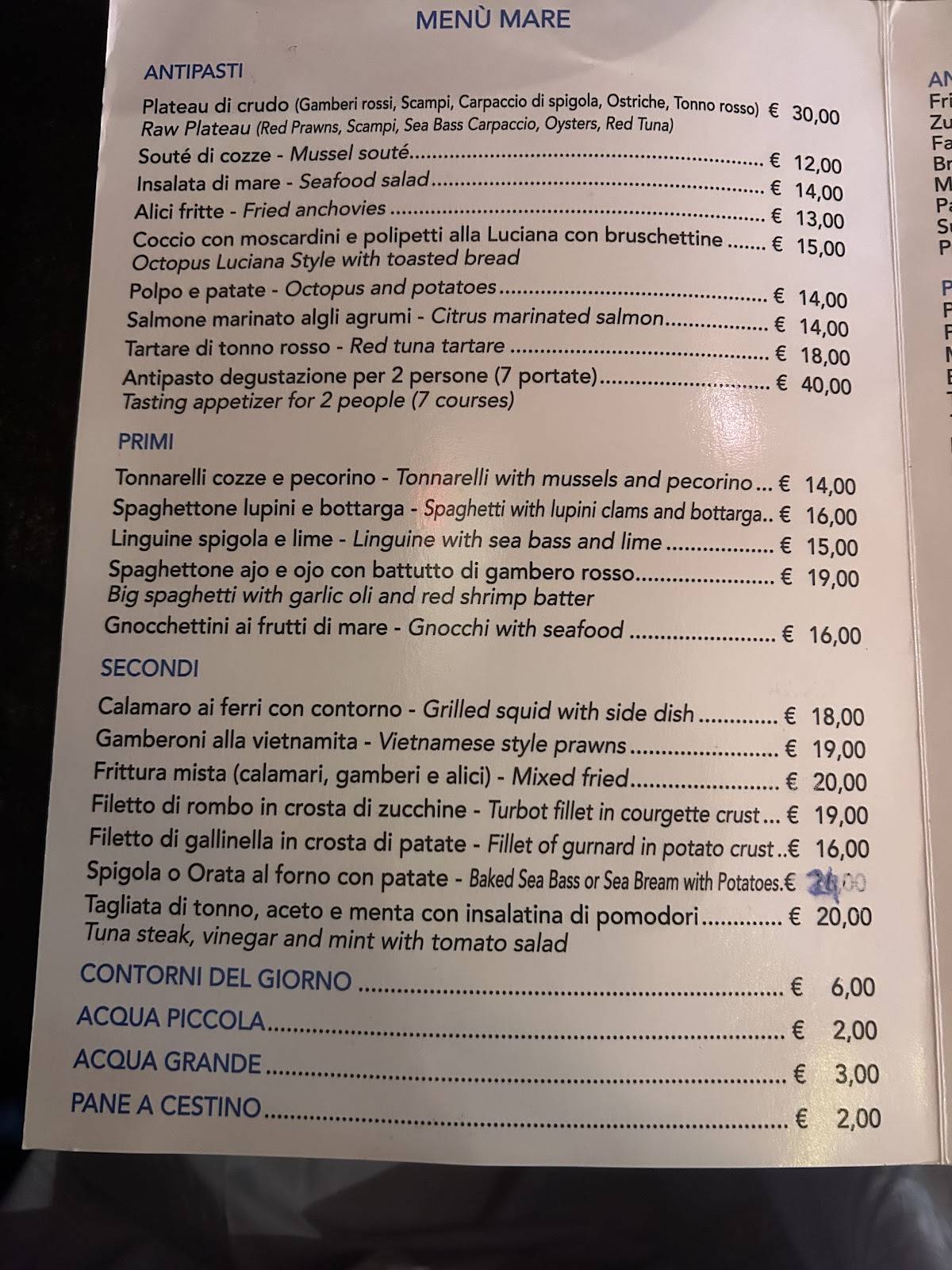 Menu di La Fata Turchina 