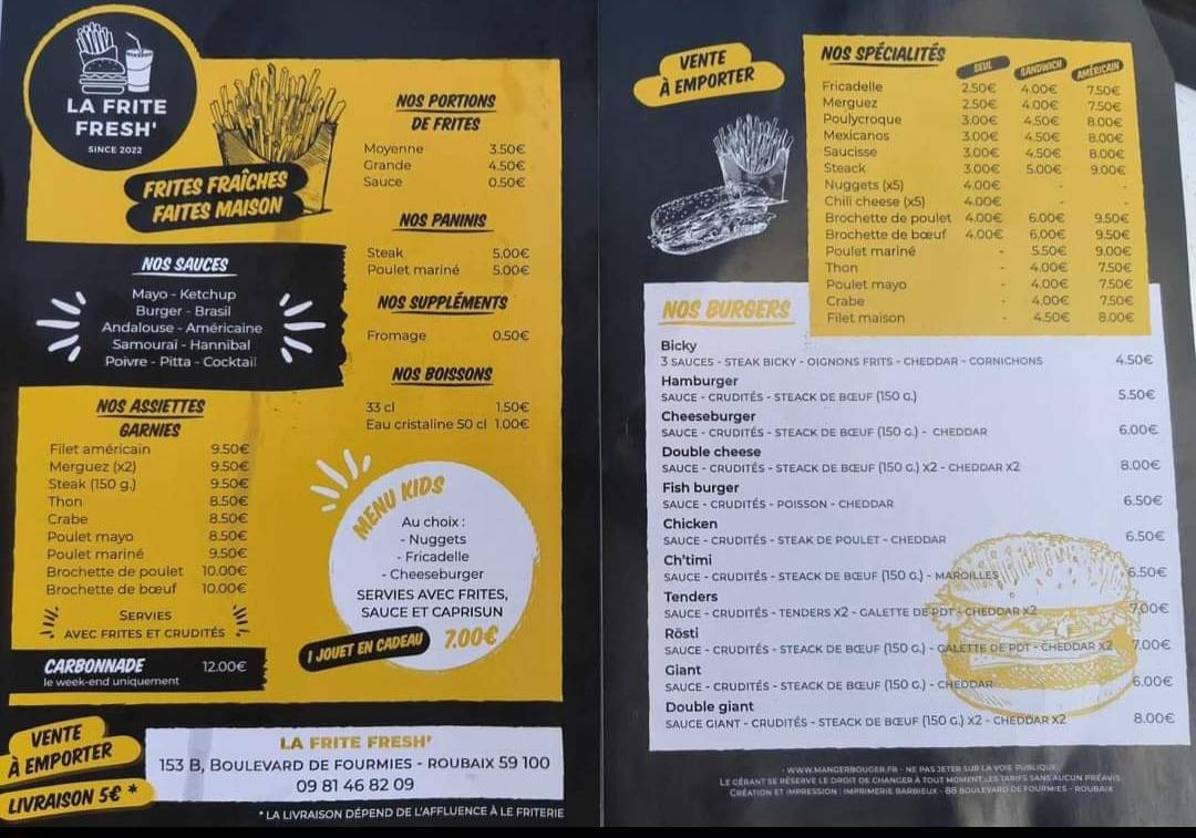 Menu de La Frite Fresh'