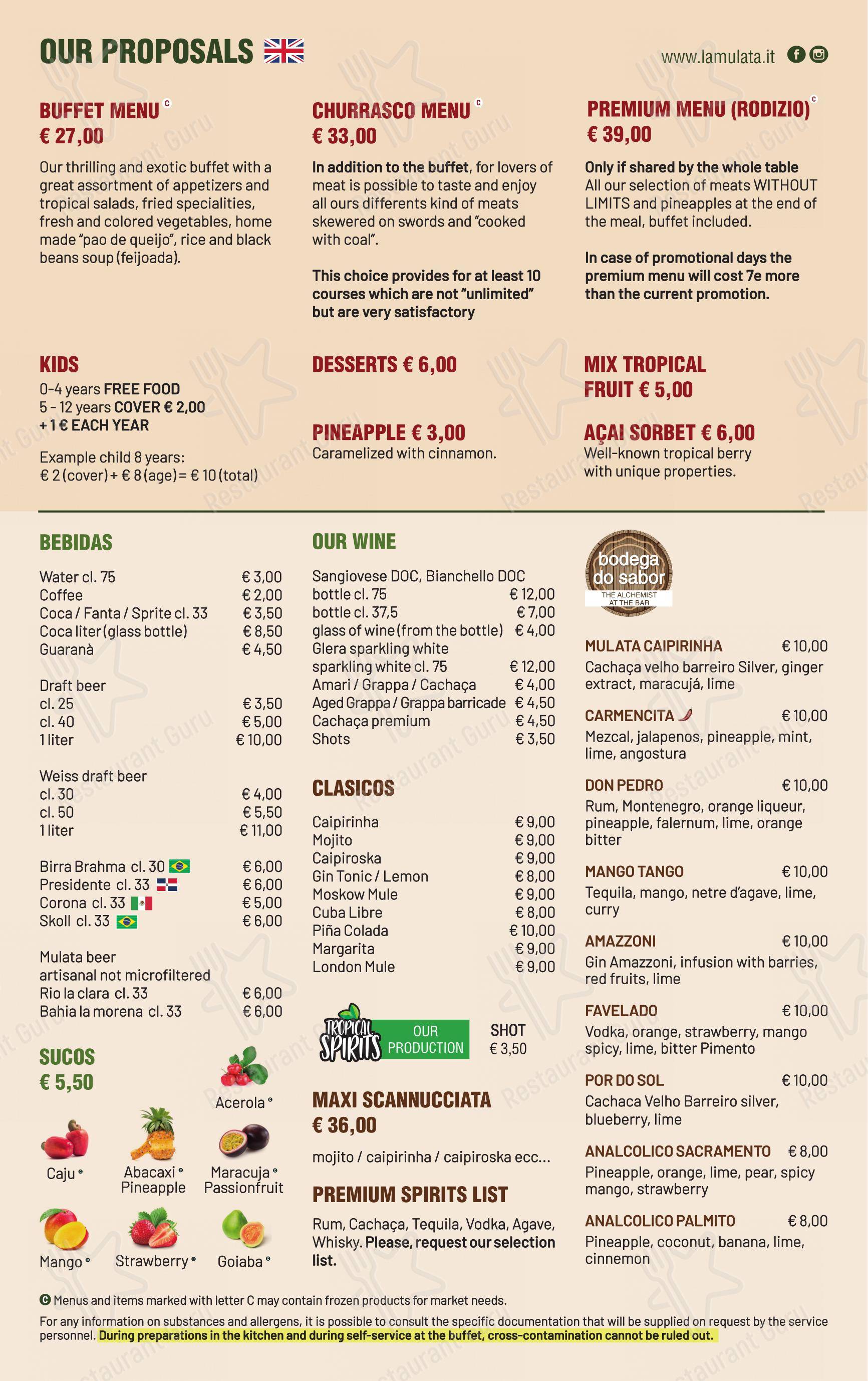 Menu bar per La Mulata Padova in Rubano