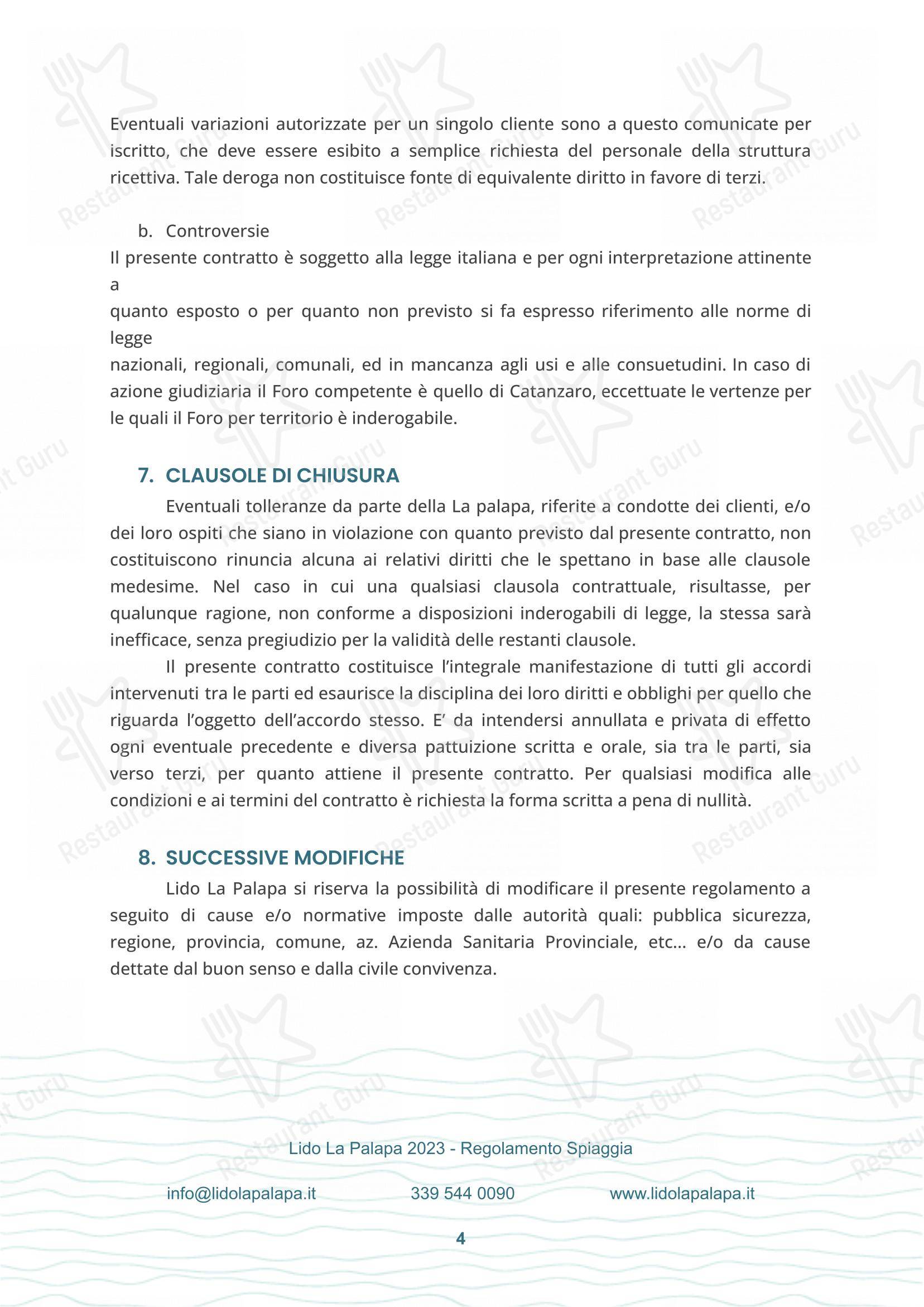 Menu per La Palapa in Montepaone Lido