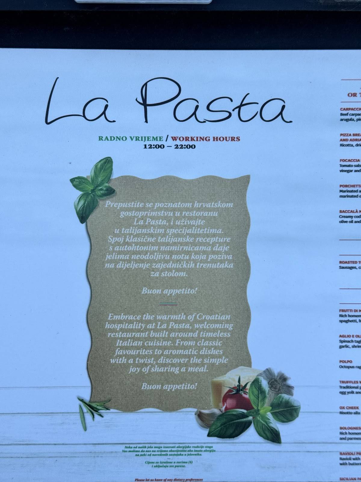 Menu di La Pasta 