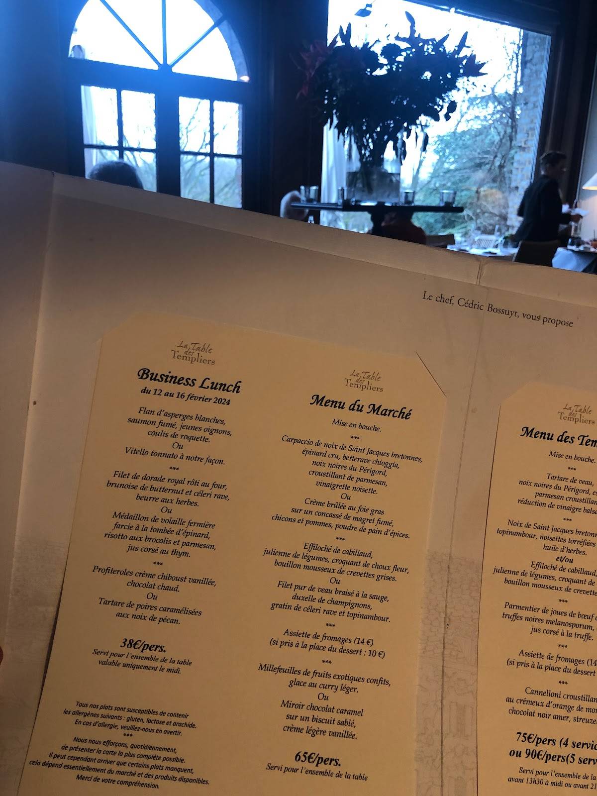 Menu de La Table des Templiers Restaurant