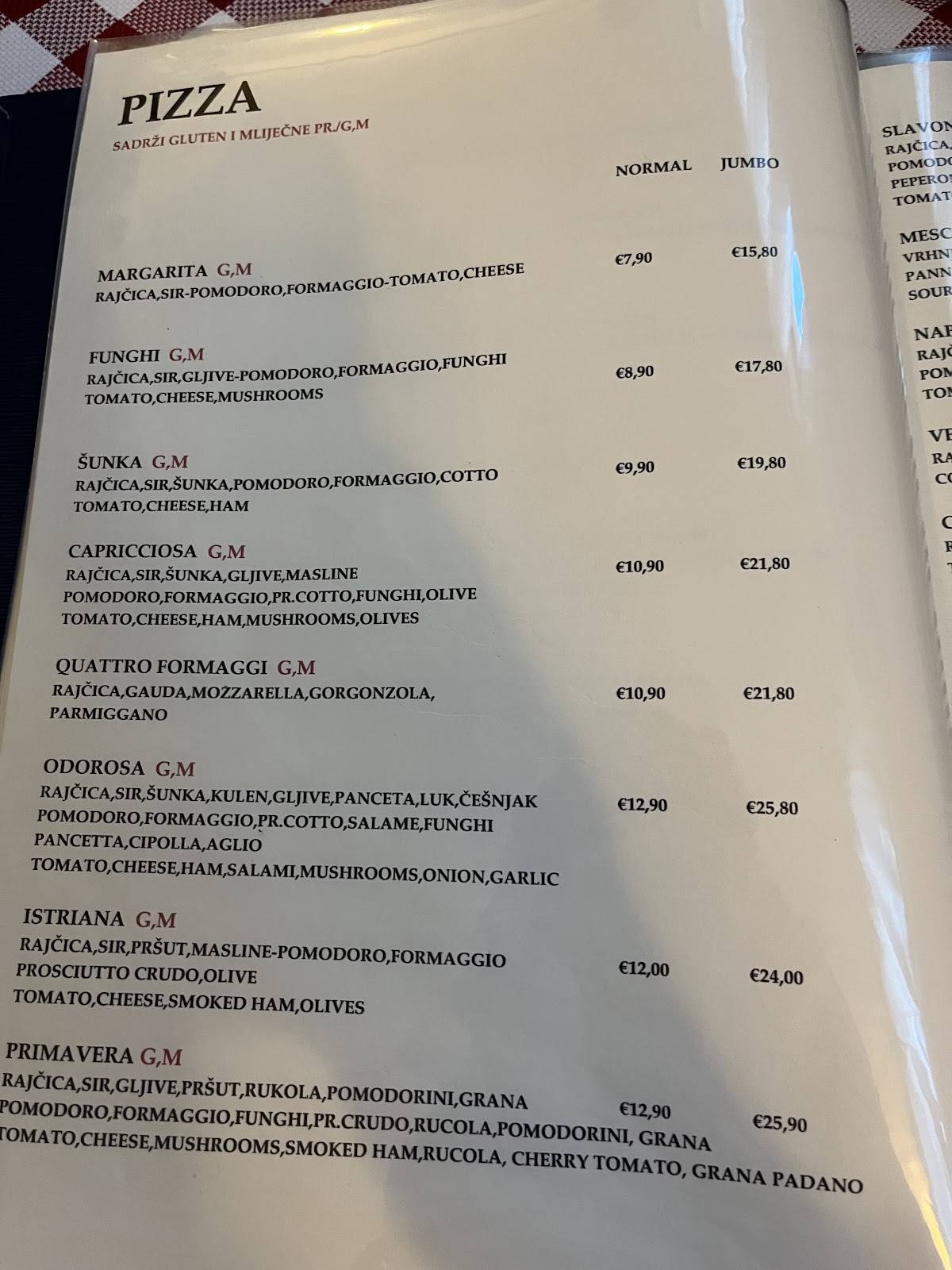 Menu di La Vela gostionica 