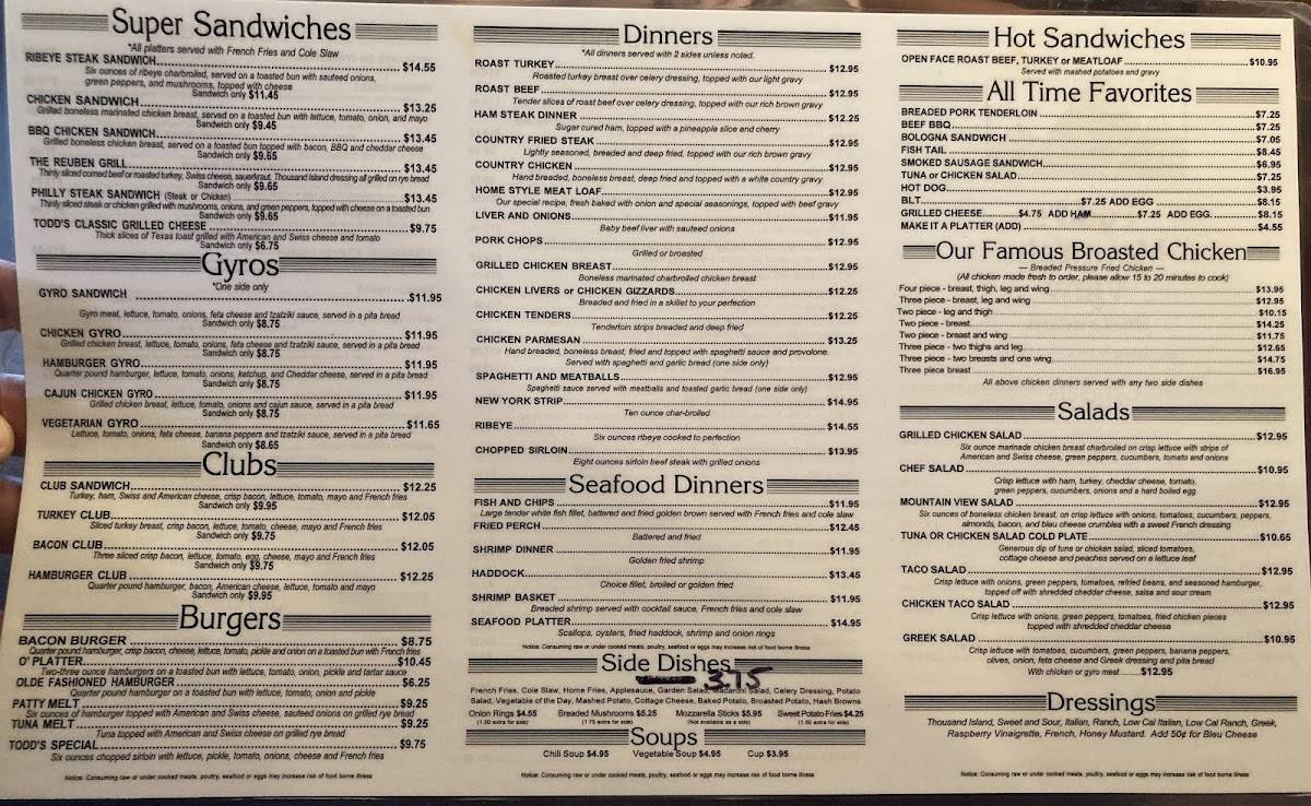 Menu at Todds Mountain View Restaurant, Lancaster