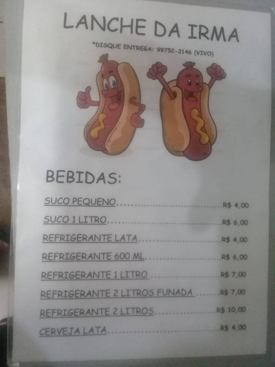 Lanche da Irma cardápio