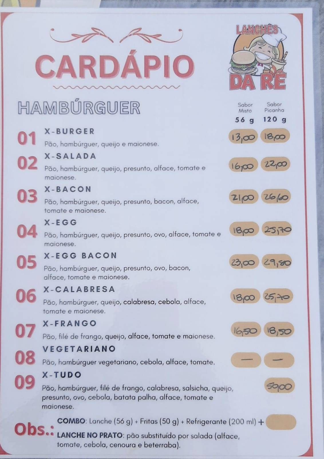 Lanches da Rê cardápio