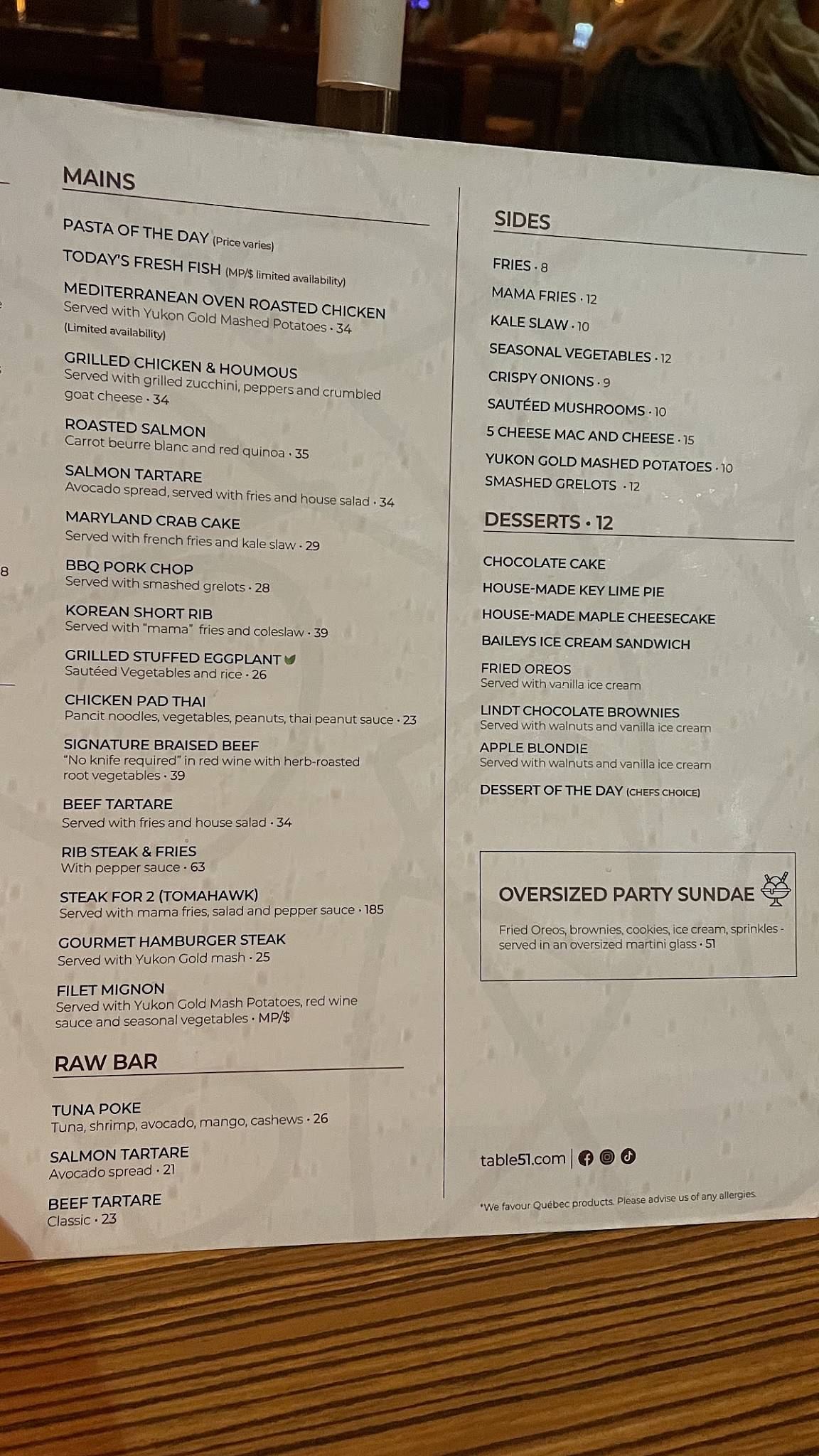 Menu de Table 51 Laval