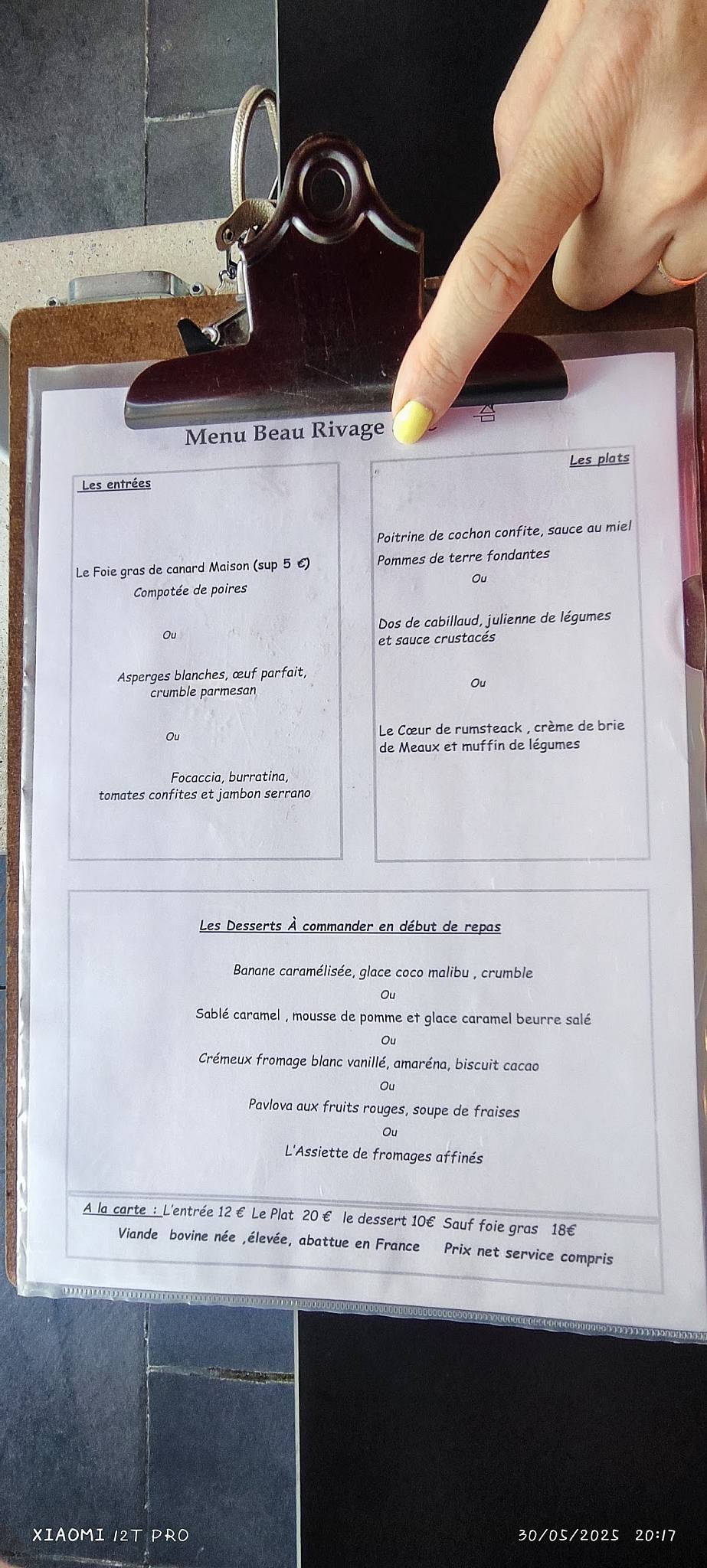 Menu de Le Beau Rivage