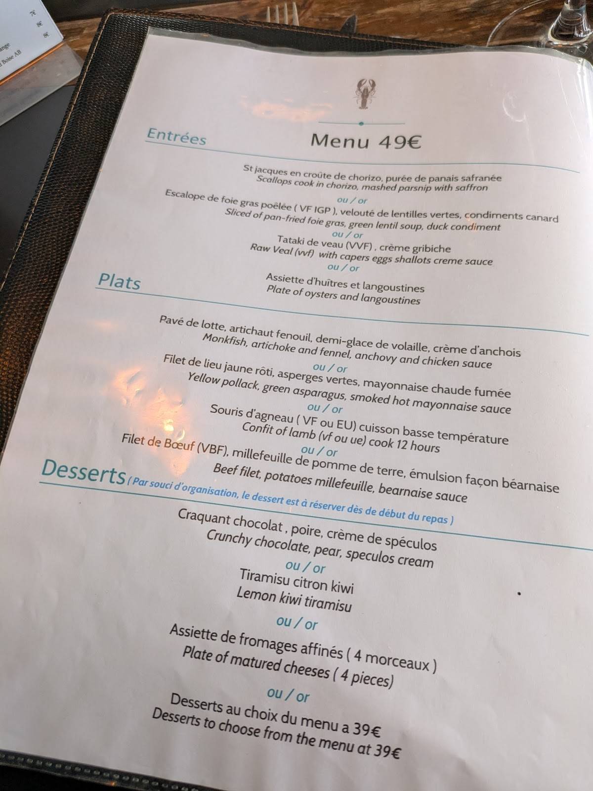 Menu de Le Bellevue