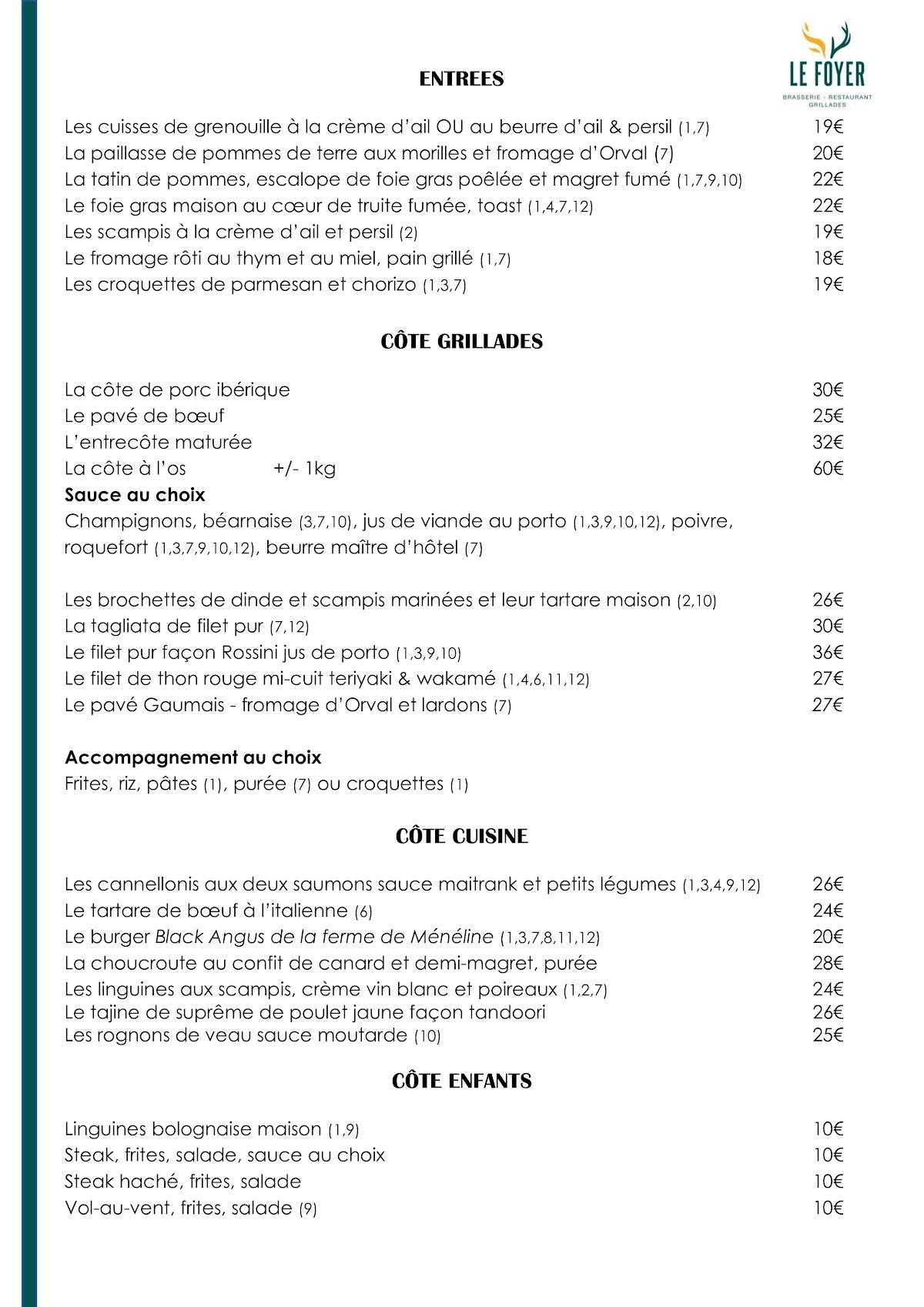 Menu de Le Foyer
