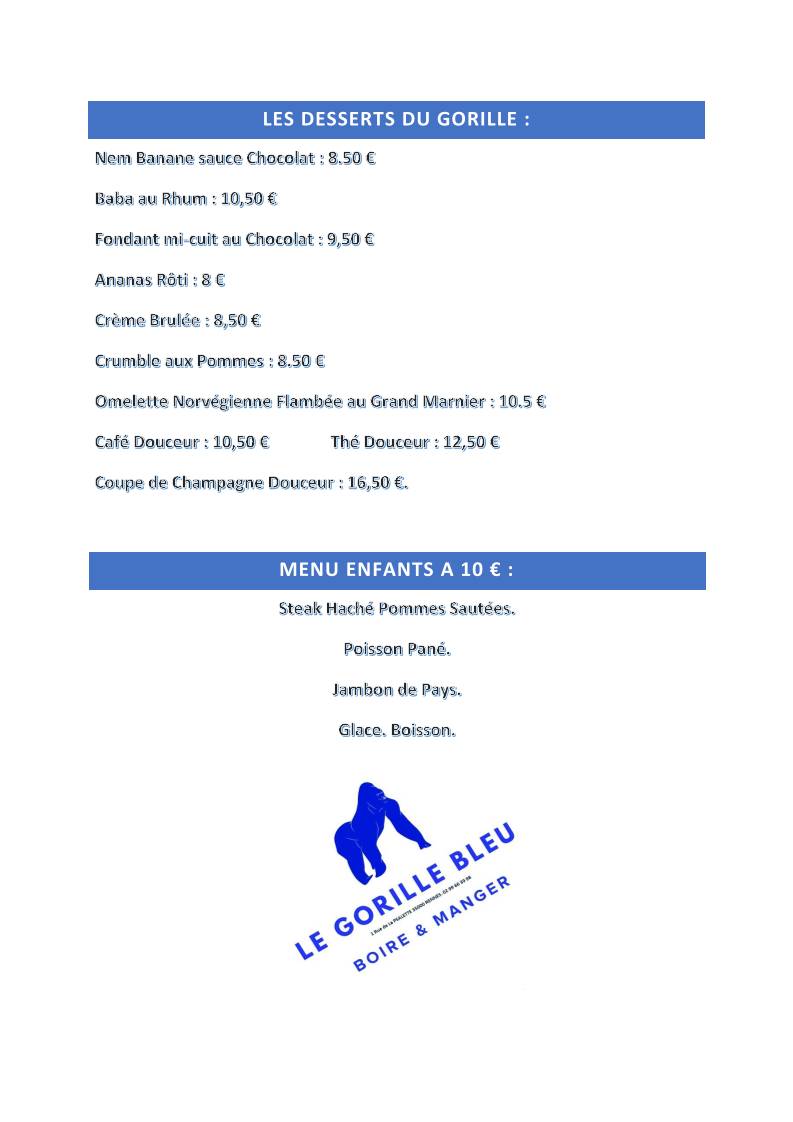 Menu de Le Gorille Bleu