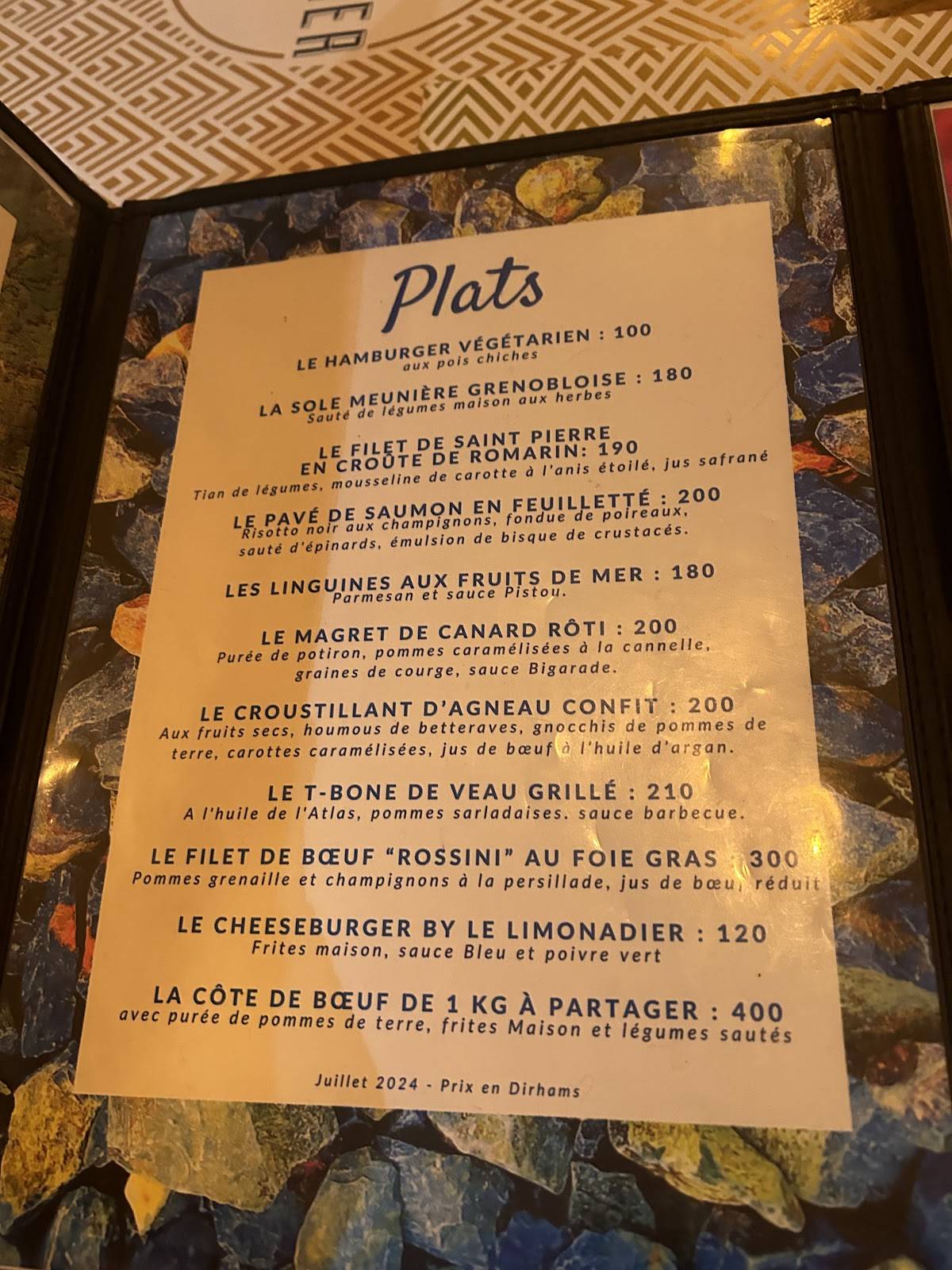 Menu de Le Limonadier