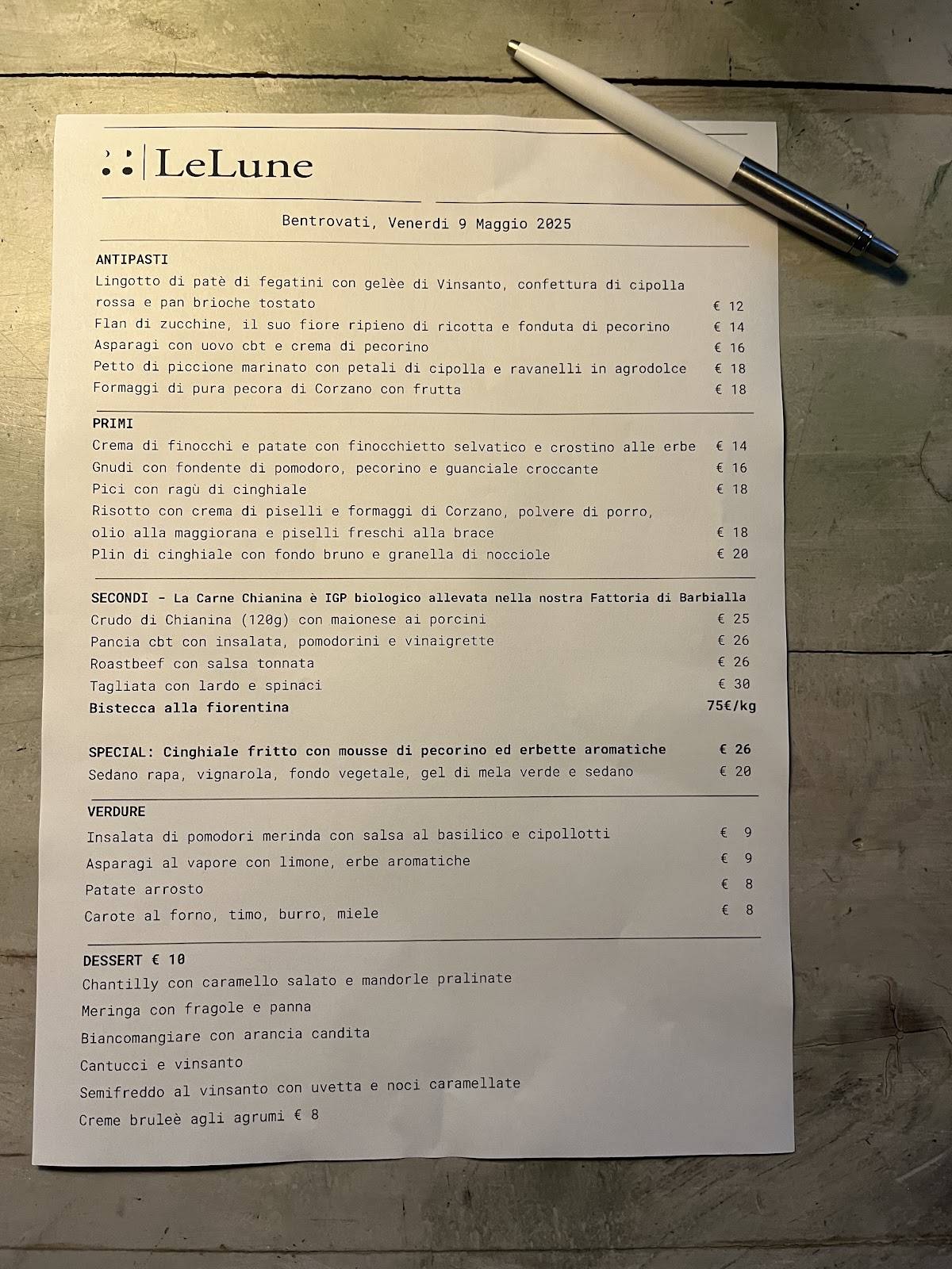 Menu di Le Lune ristorante nel vivaio 