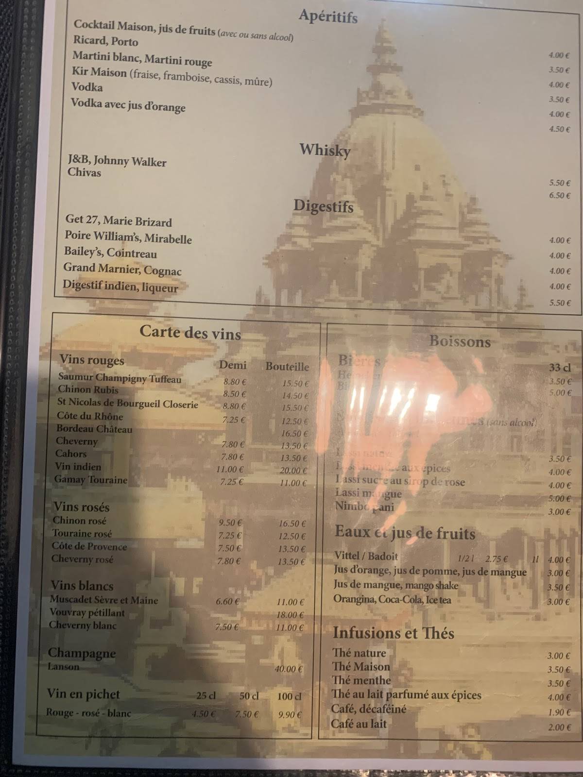 Menu de Le Palais du Rajah