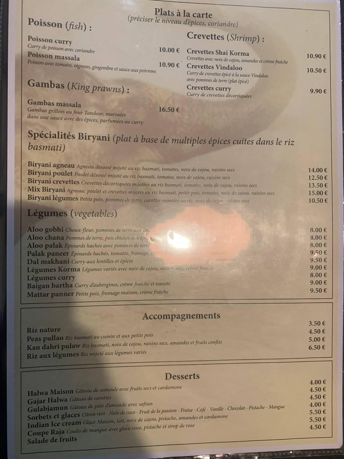Menu de Le Palais du Rajah