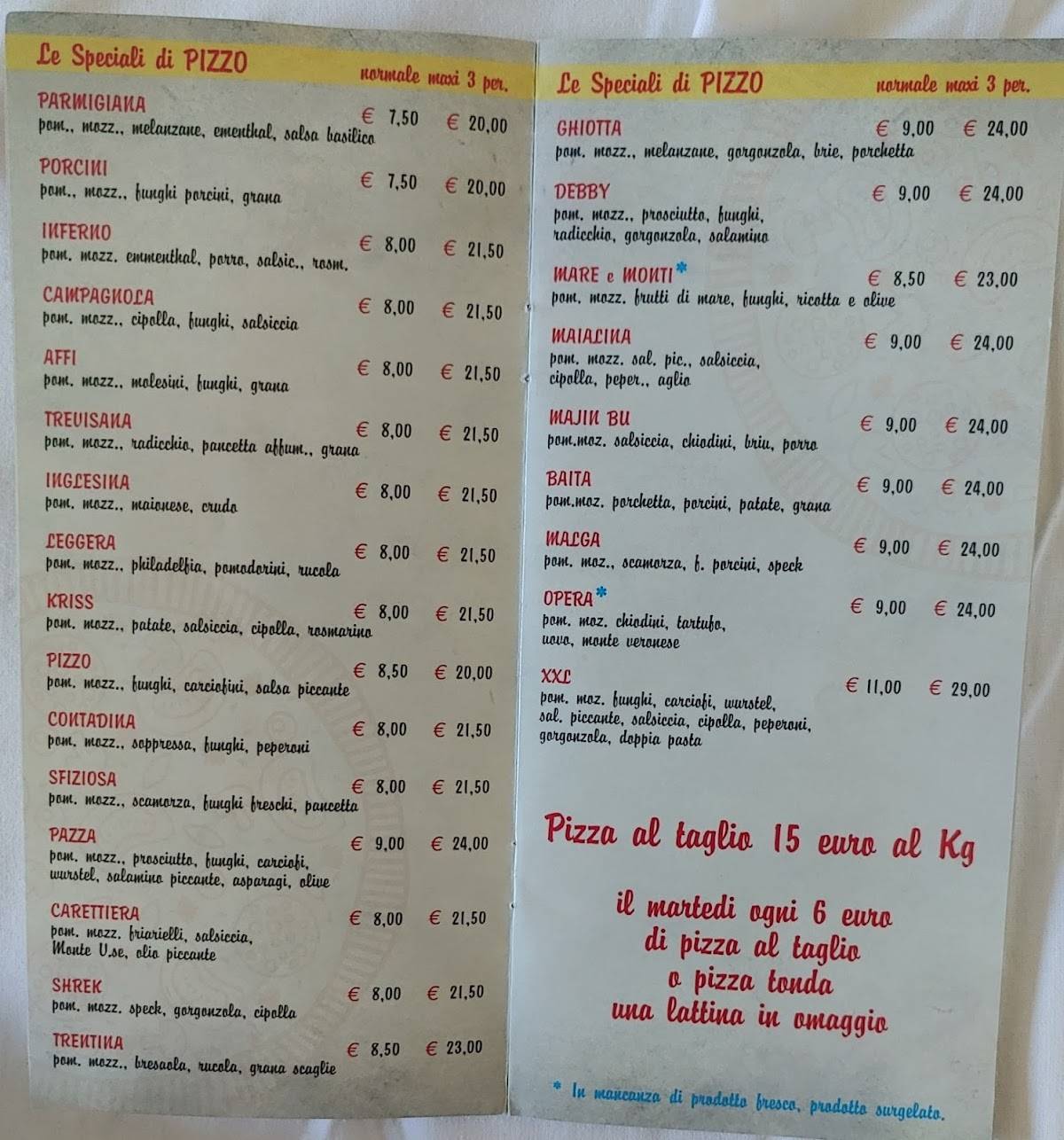 Menu di Le Pizze di Pizzo di Orlando Pizzolato 