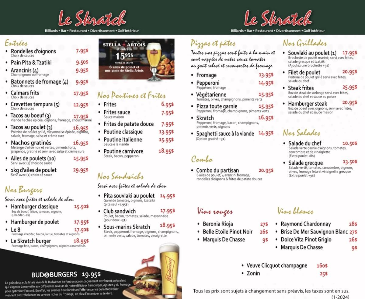 Menu de Le Skratch Laval (Golf, Billard & Bar à jeux)