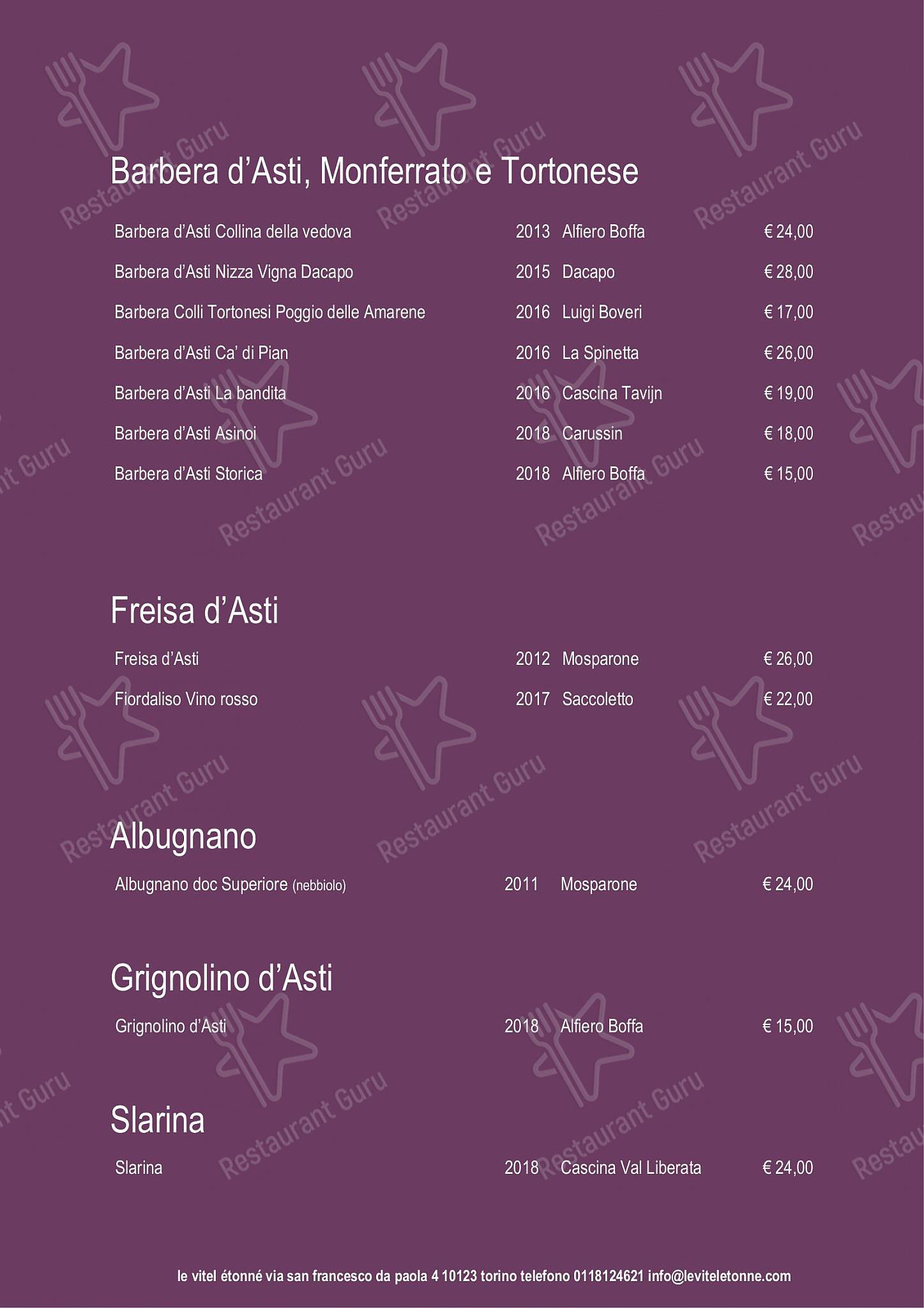 Menu di Le Vitel Etonné - Коктейльная карта
