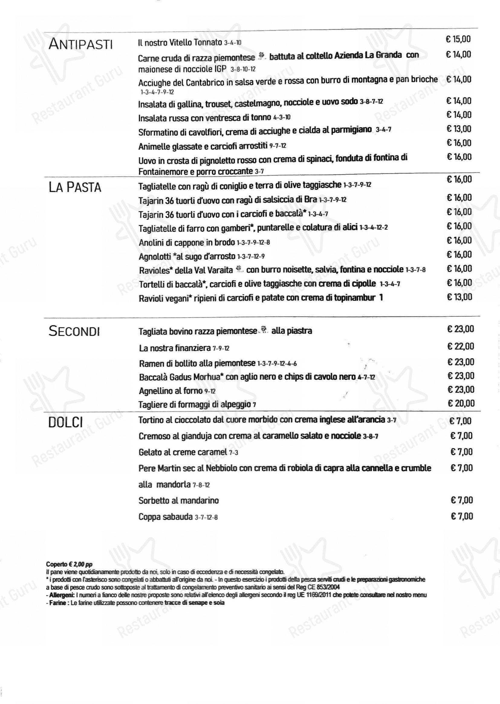 Menu per Le Vitel Etonné in Torino