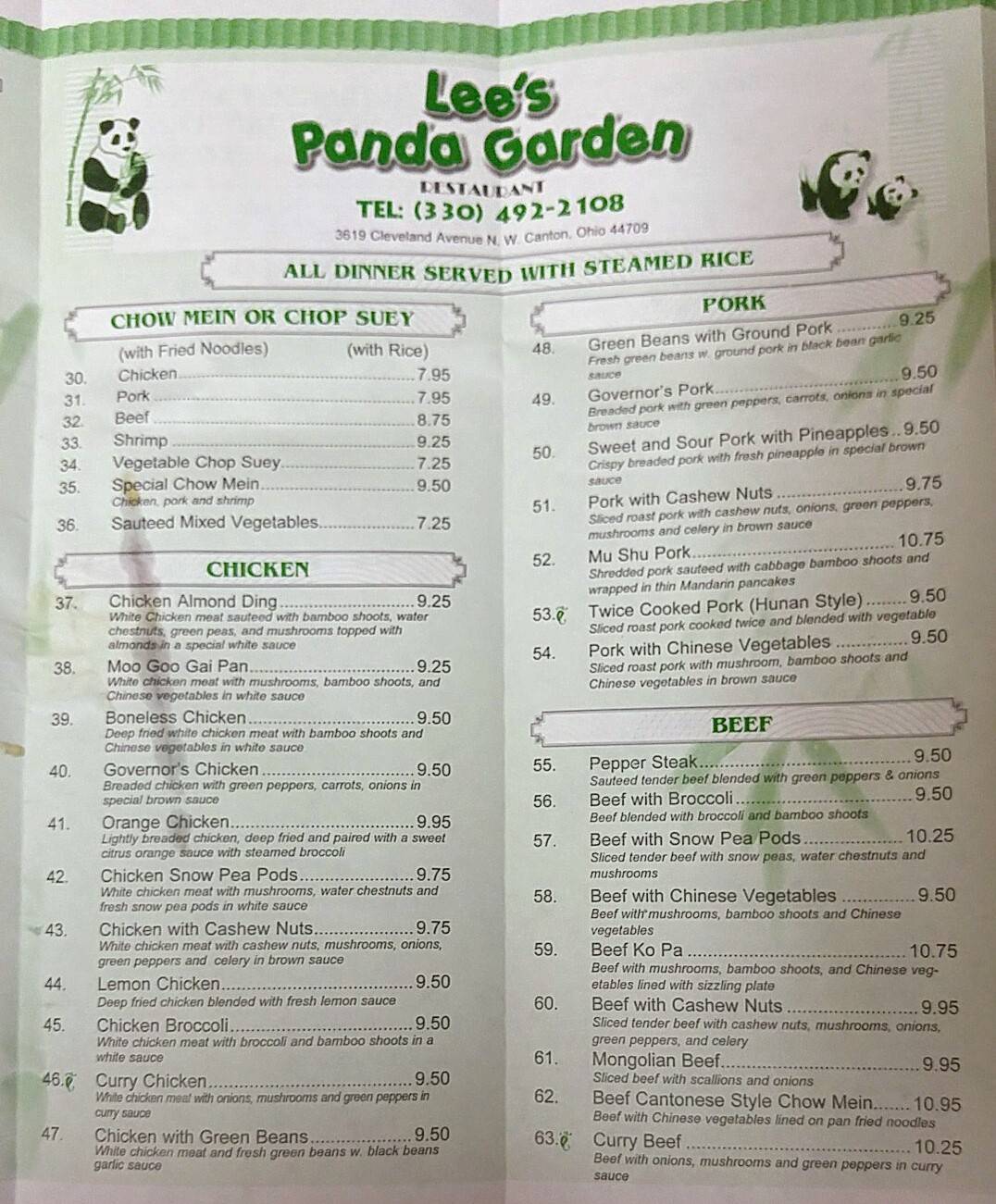 Menu at Lee's Panda Garden restaurant, Canton