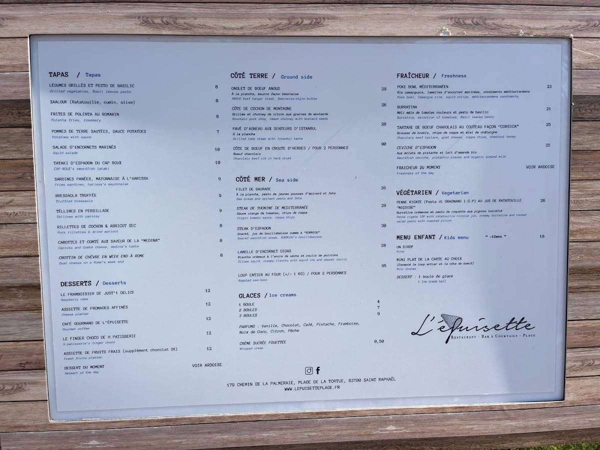 Menu de L'épuisette Plage