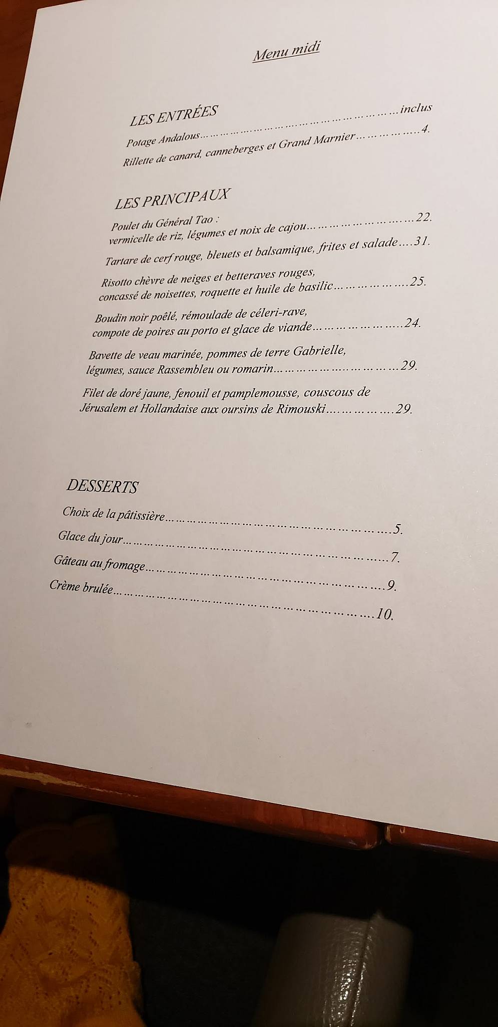 Menu de Restaurant L'Intimiste