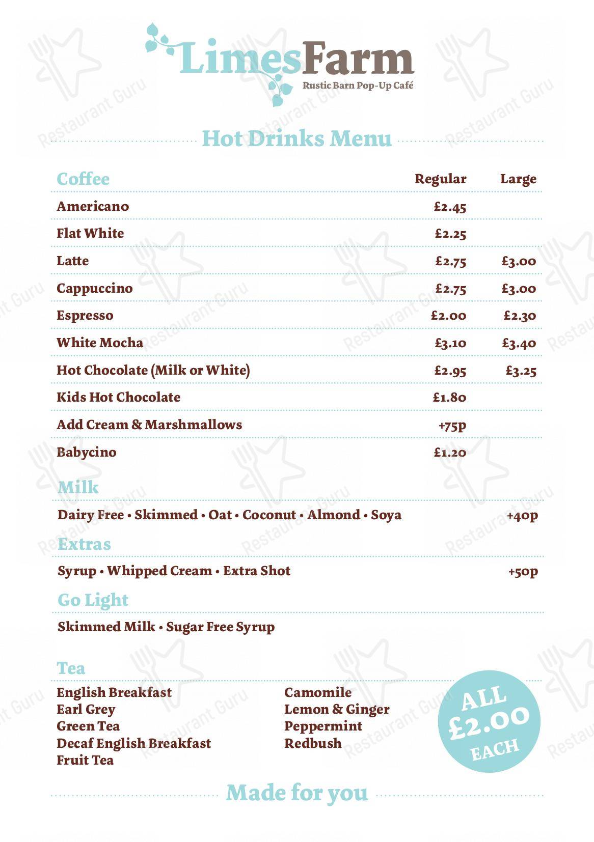 Menu at Limes Farm cafe, Farthinghoe