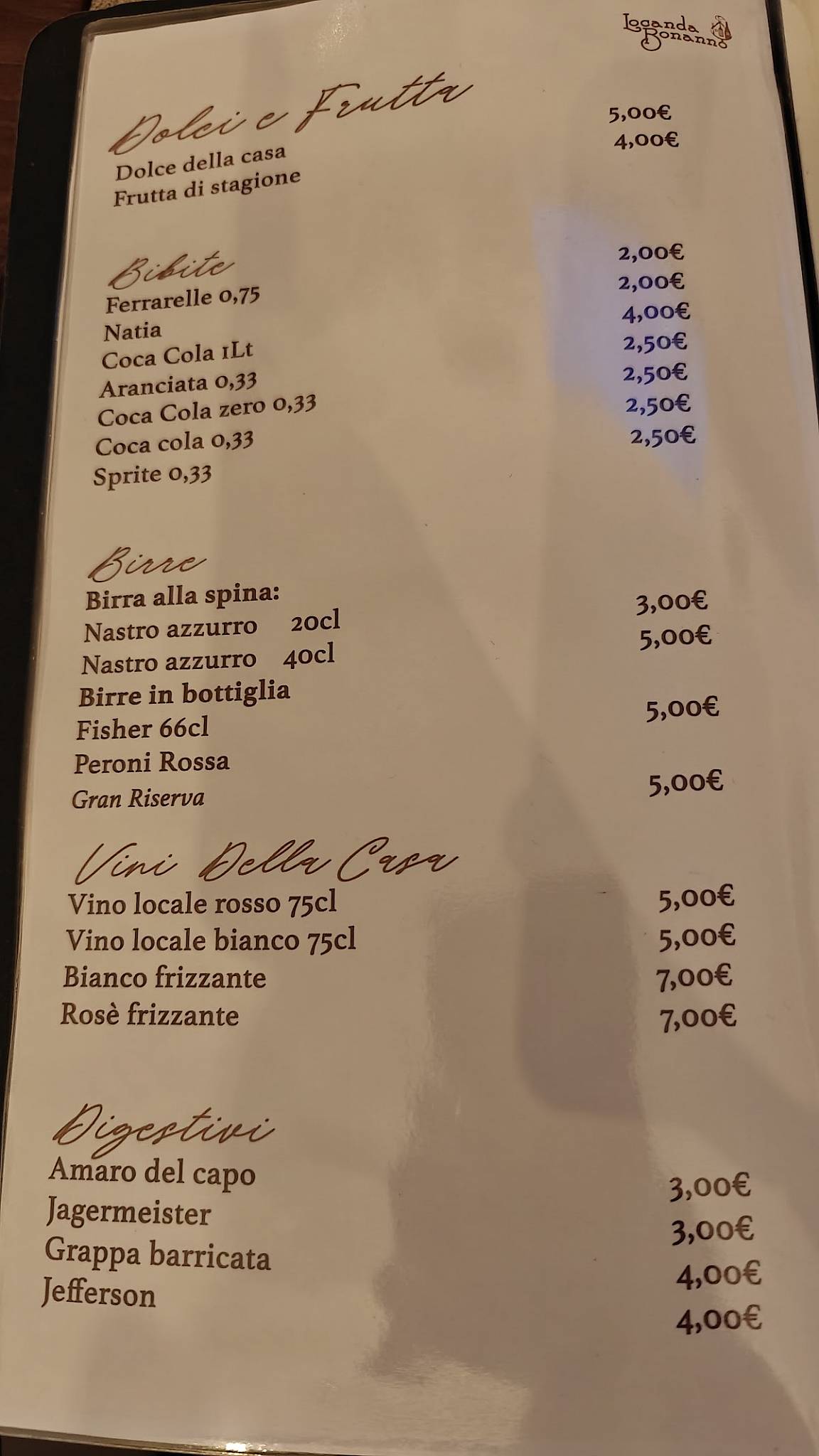Menu di Trattoria Locanda Bonanno 